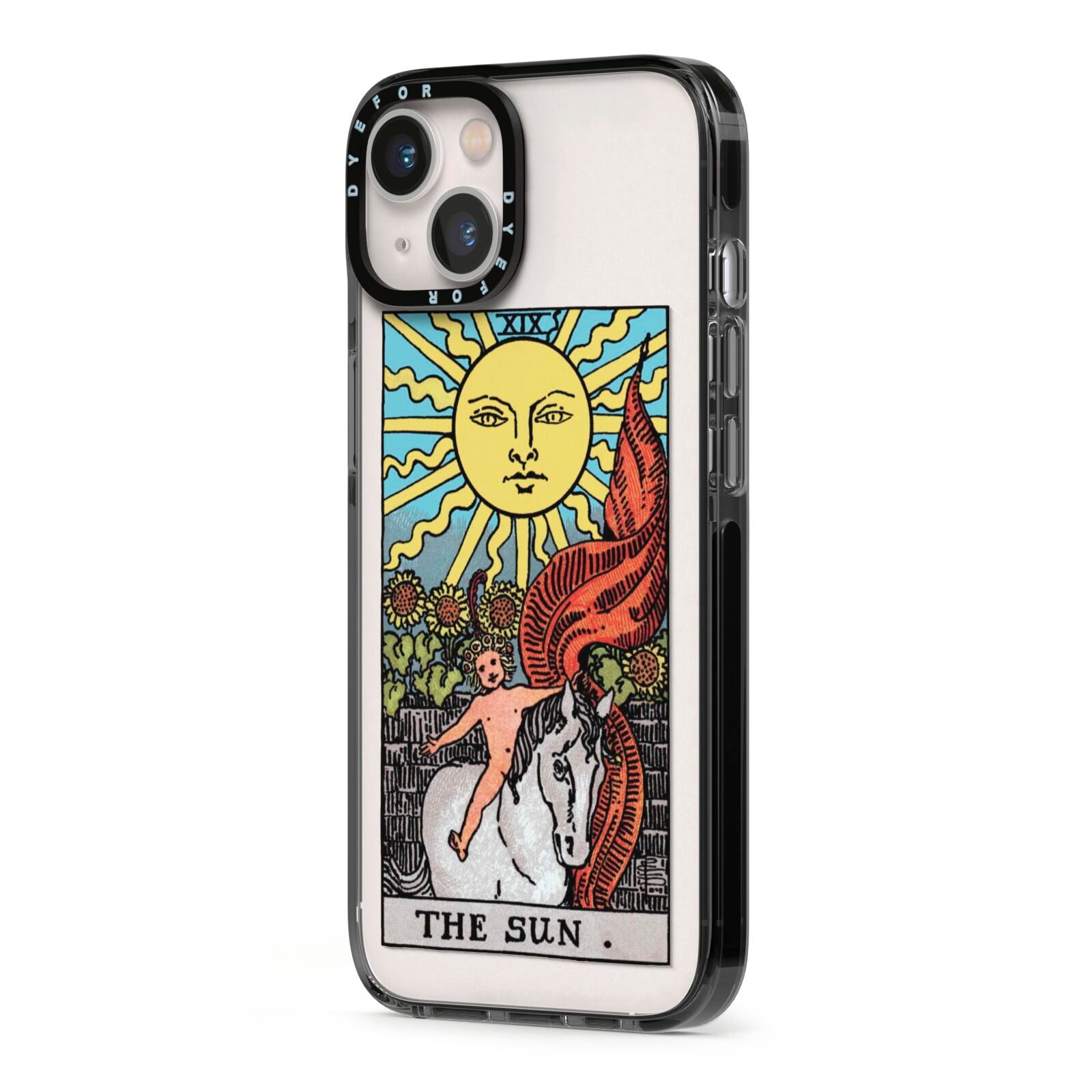 The Sun Tarot Card iPhone 13 Black Impact Case Side Angle on Silver phone