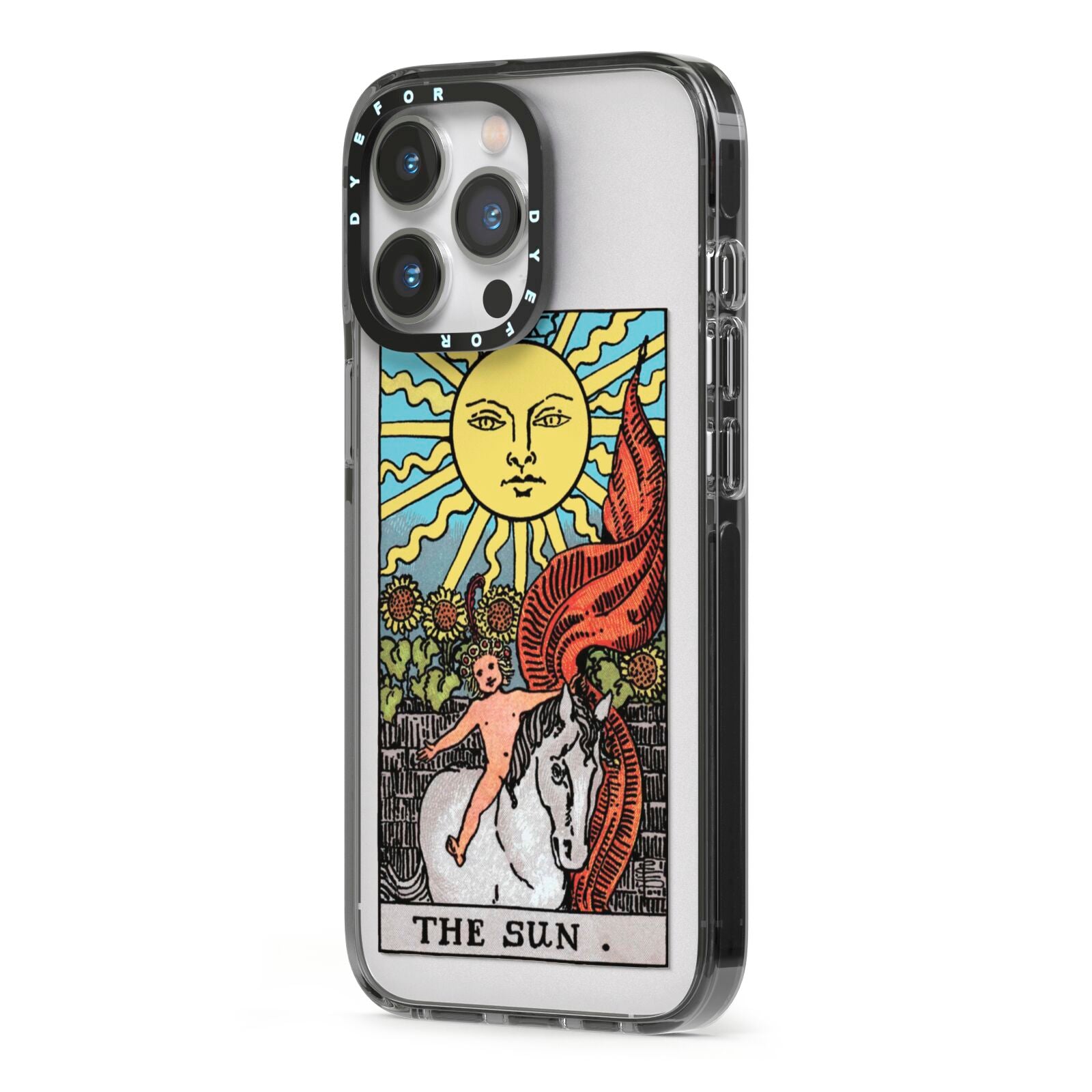 The Sun Tarot Card iPhone 13 Pro Black Impact Case Side Angle on Silver phone