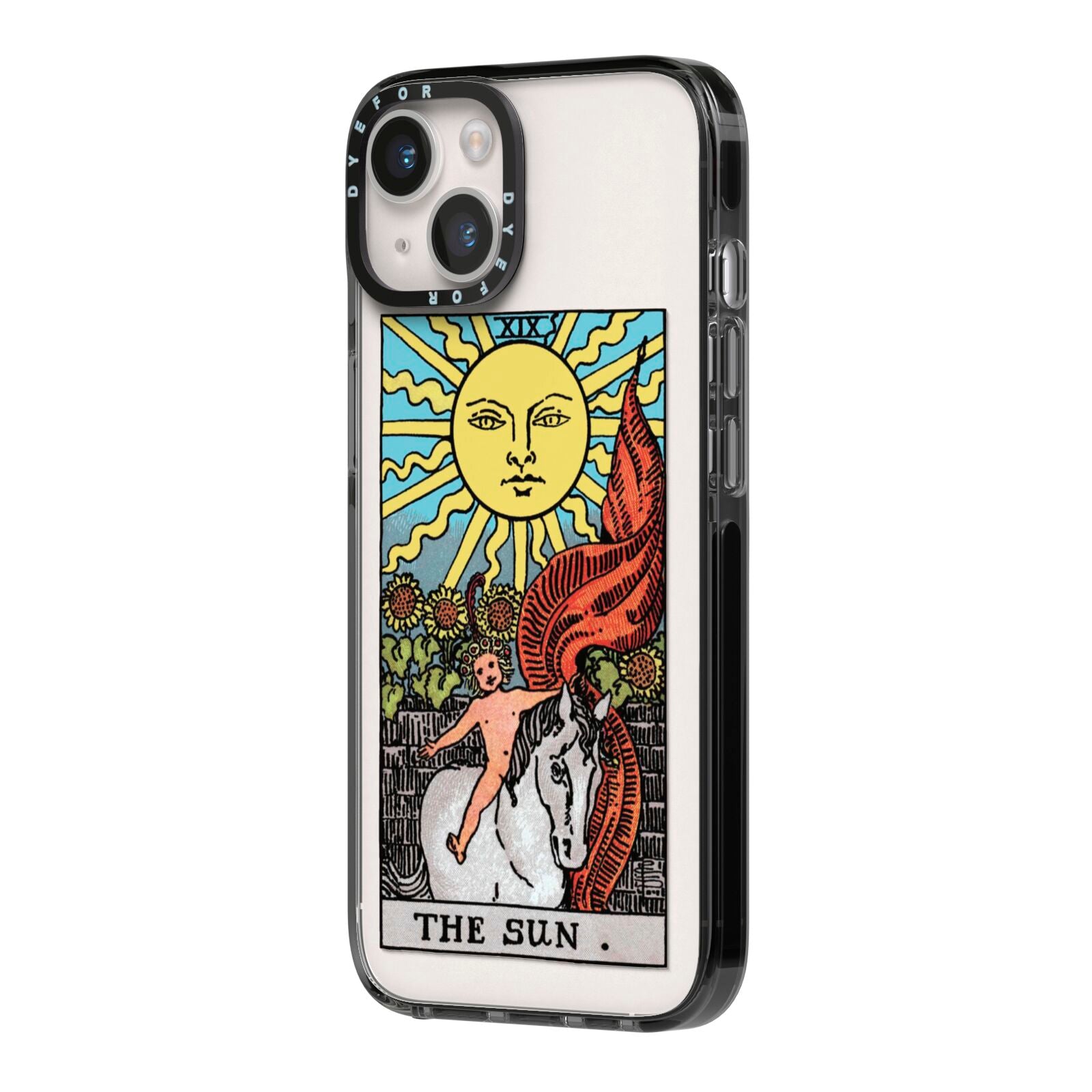 The Sun Tarot Card iPhone 14 Black Impact Case Side Angle on Silver phone