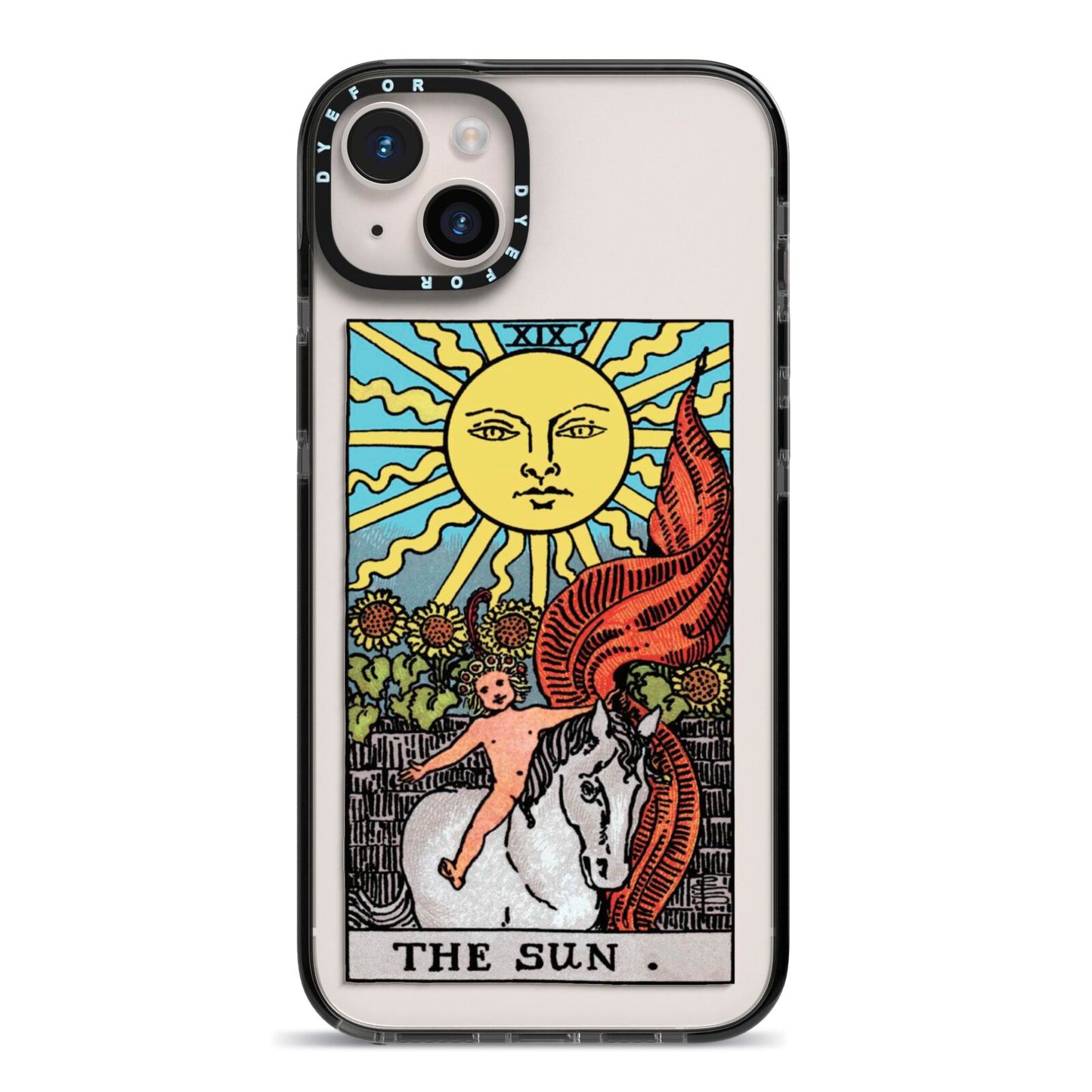 The Sun Tarot Card iPhone 14 Plus Black Impact Case on Silver phone