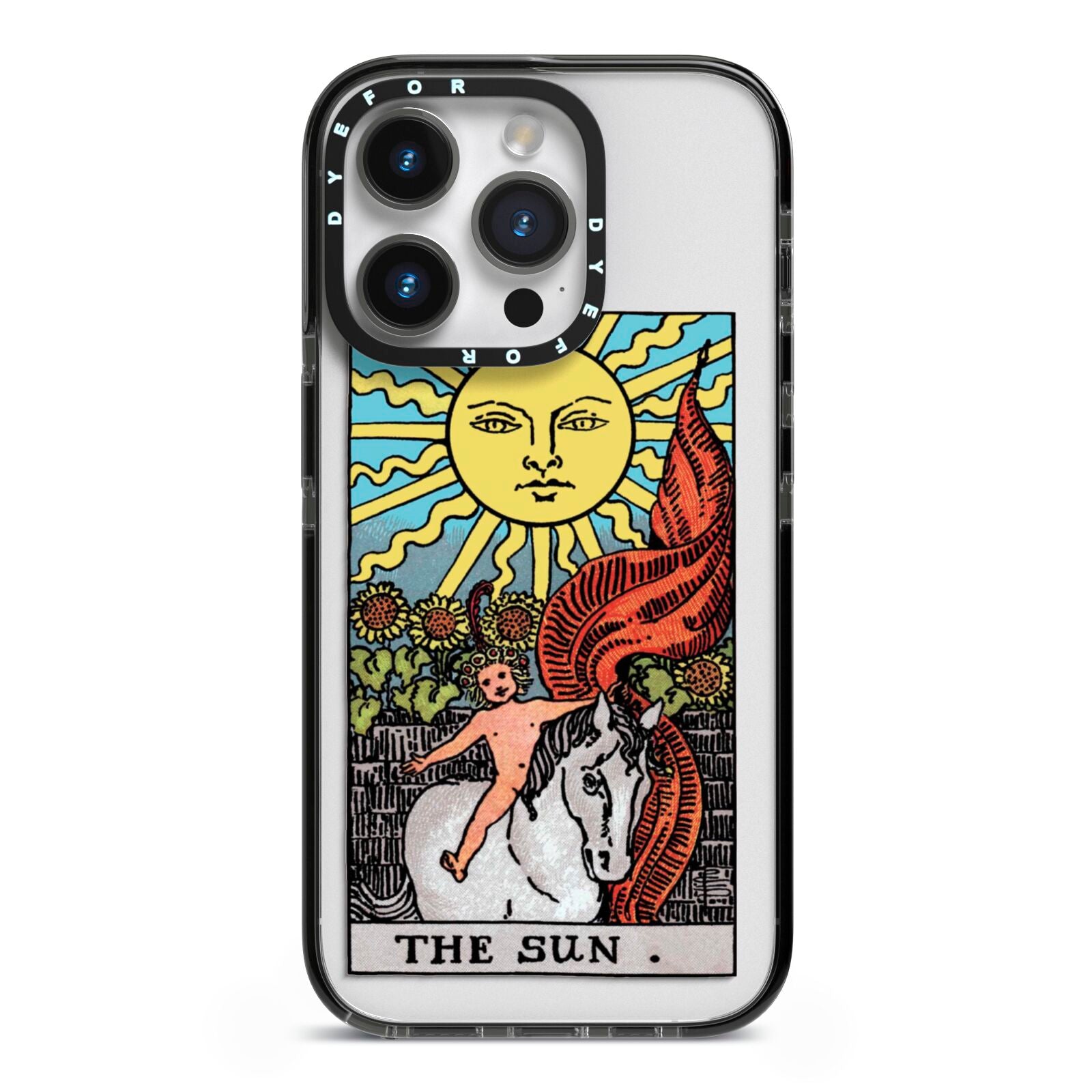 The Sun Tarot Card iPhone 14 Pro Black Impact Case on Silver phone
