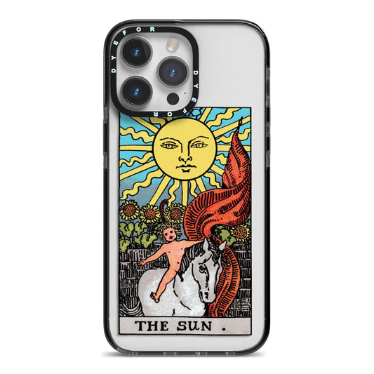 The Sun Tarot Card iPhone 14 Pro Max Black Impact Case on Silver phone
