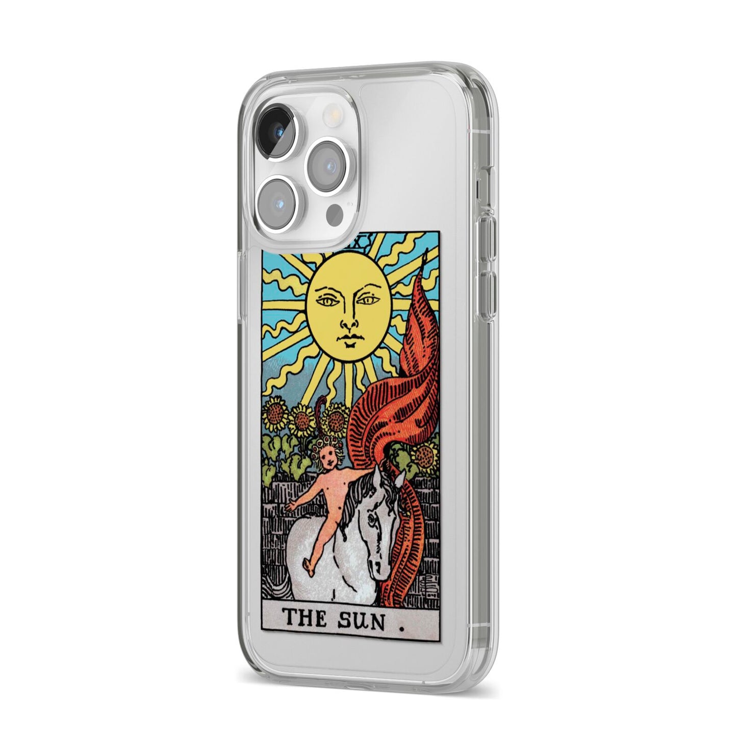 The Sun Tarot Card iPhone 14 Pro Max Clear Tough Case Silver Angled Image