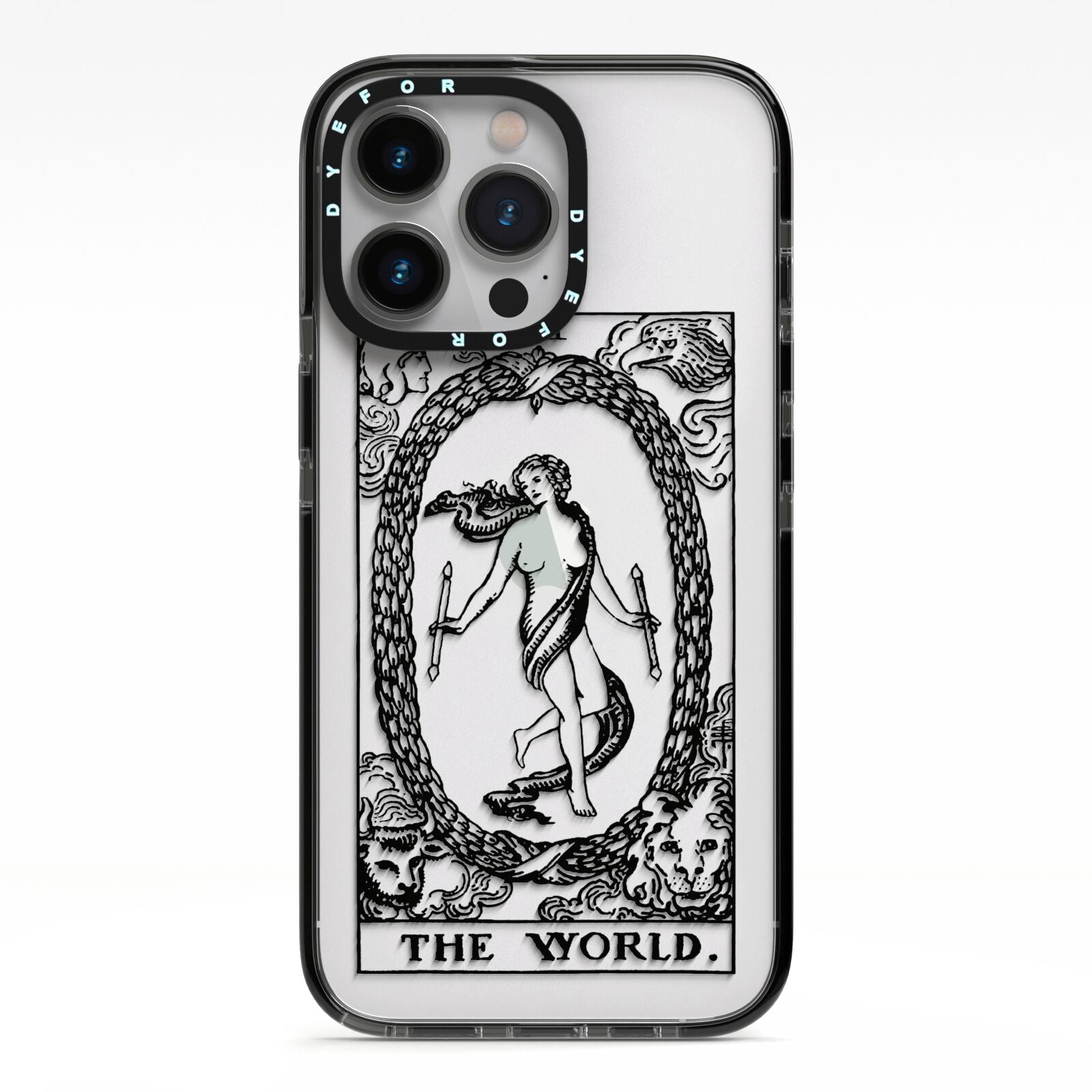 The World Monochrome iPhone 13 Pro Black Impact Case on Silver phone
