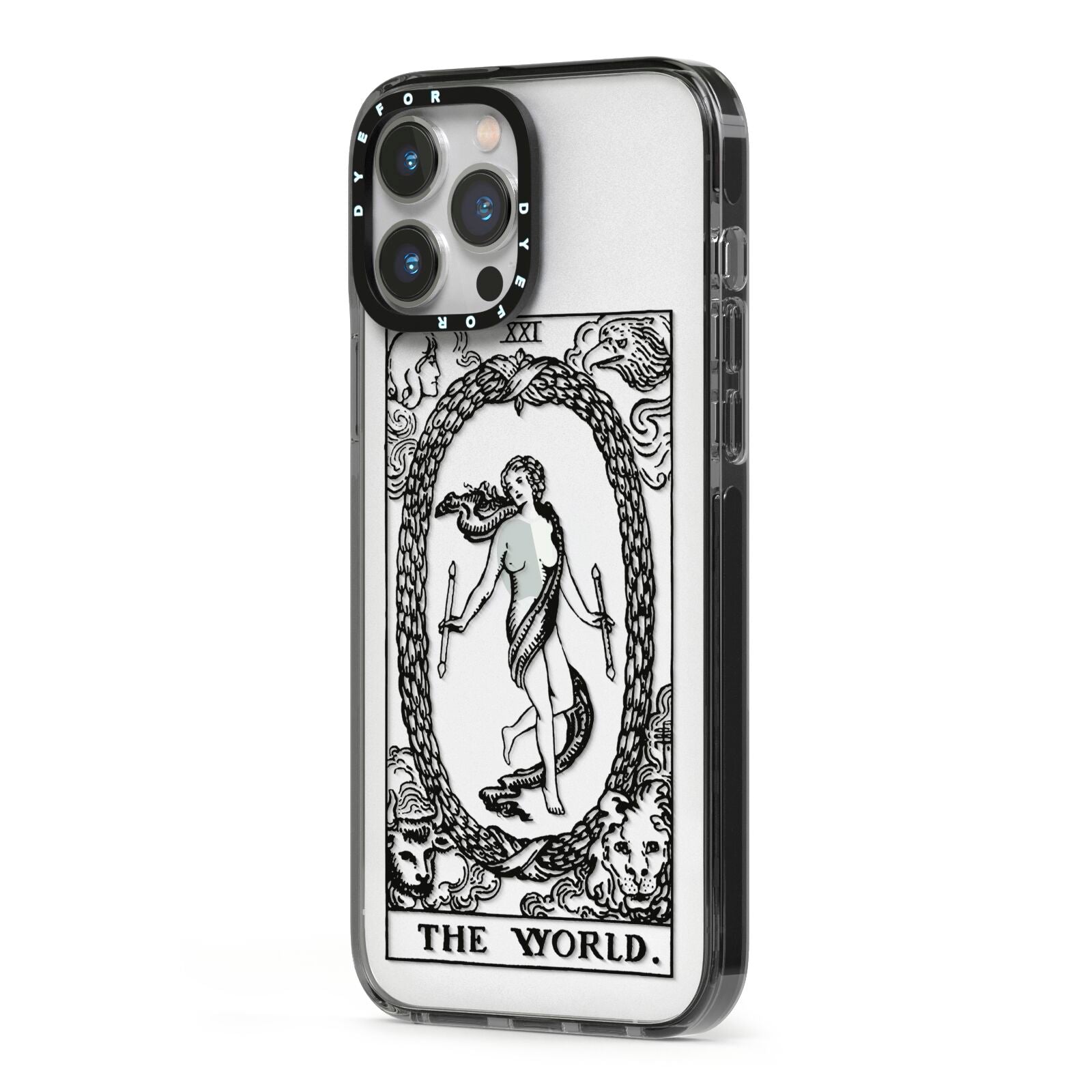 The World Monochrome iPhone 13 Pro Max Black Impact Case Side Angle on Silver phone
