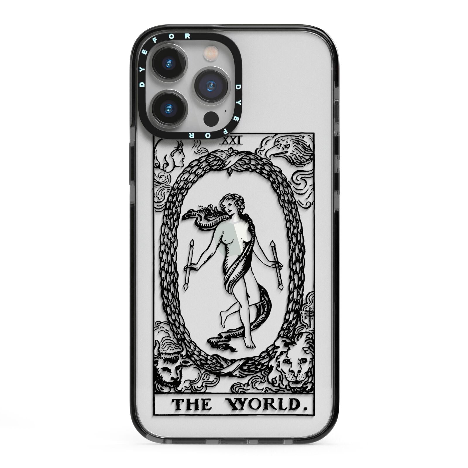 The World Monochrome iPhone 13 Pro Max Black Impact Case on Silver phone