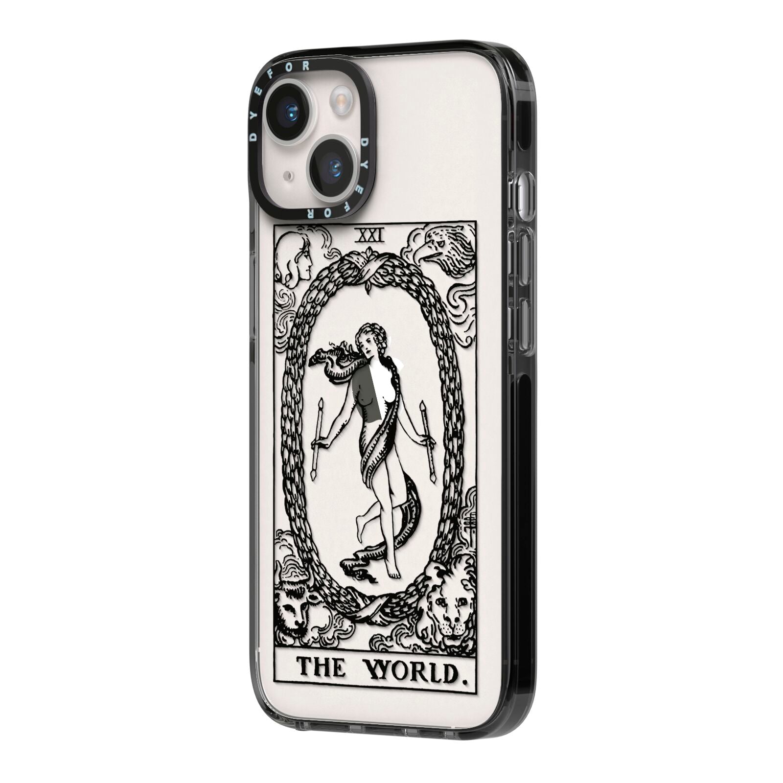 The World Monochrome iPhone 14 Black Impact Case Side Angle on Silver phone