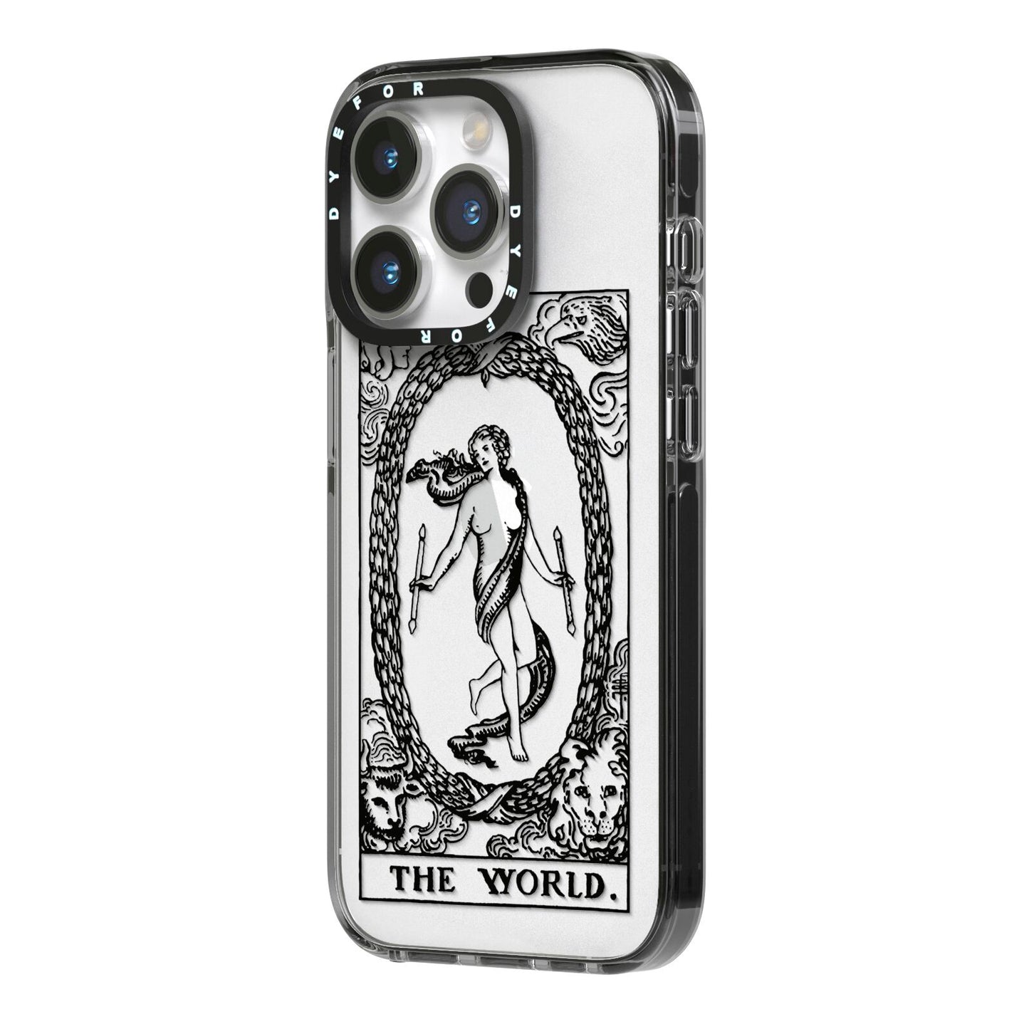 The World Monochrome iPhone 14 Pro Black Impact Case Side Angle on Silver phone