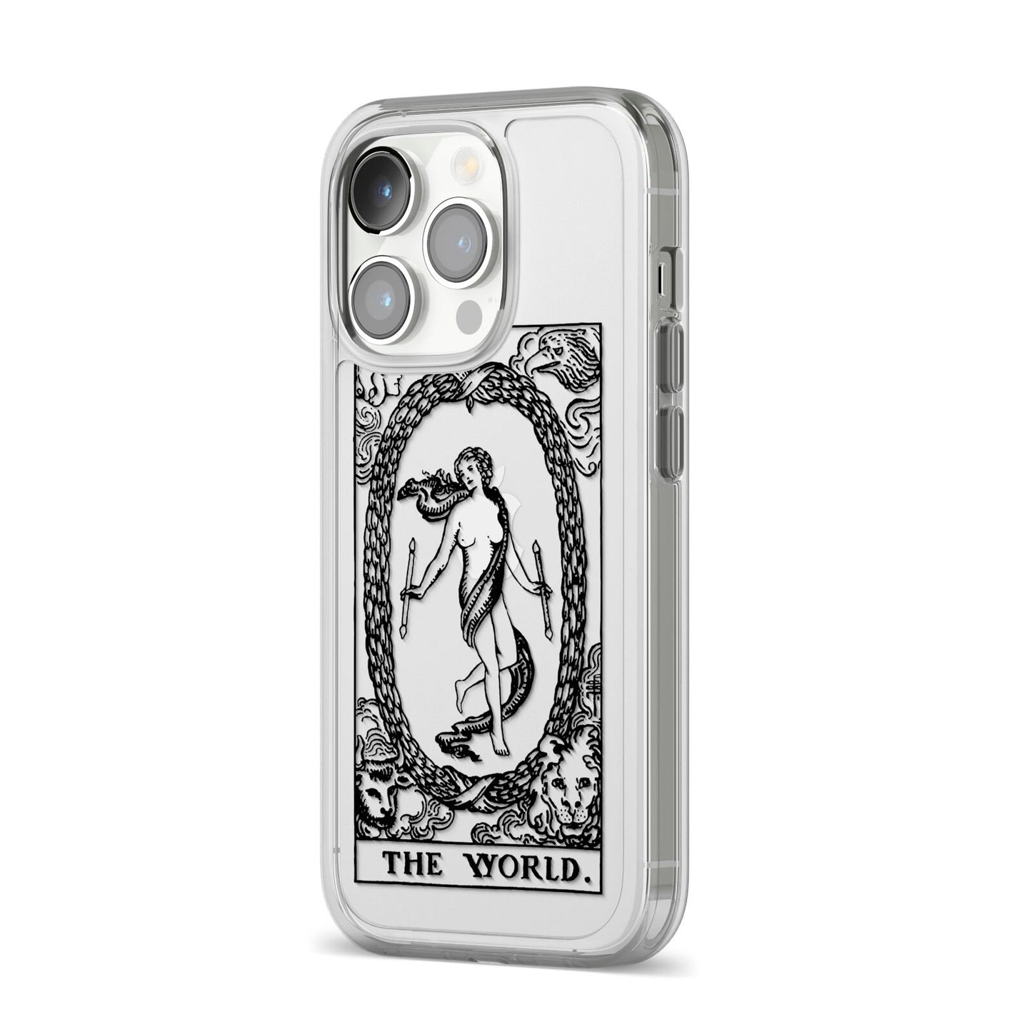 The World Monochrome iPhone 14 Pro Clear Tough Case Silver Angled Image