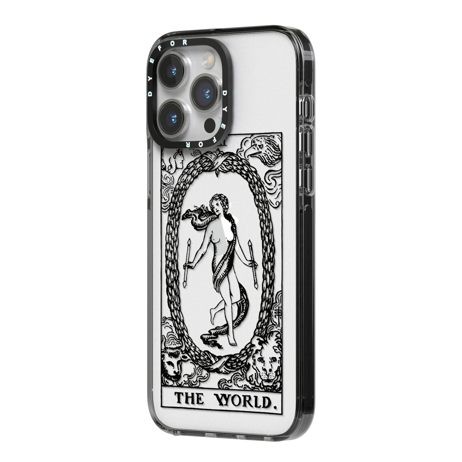The World Monochrome iPhone 14 Pro Max Black Impact Case Side Angle on Silver phone