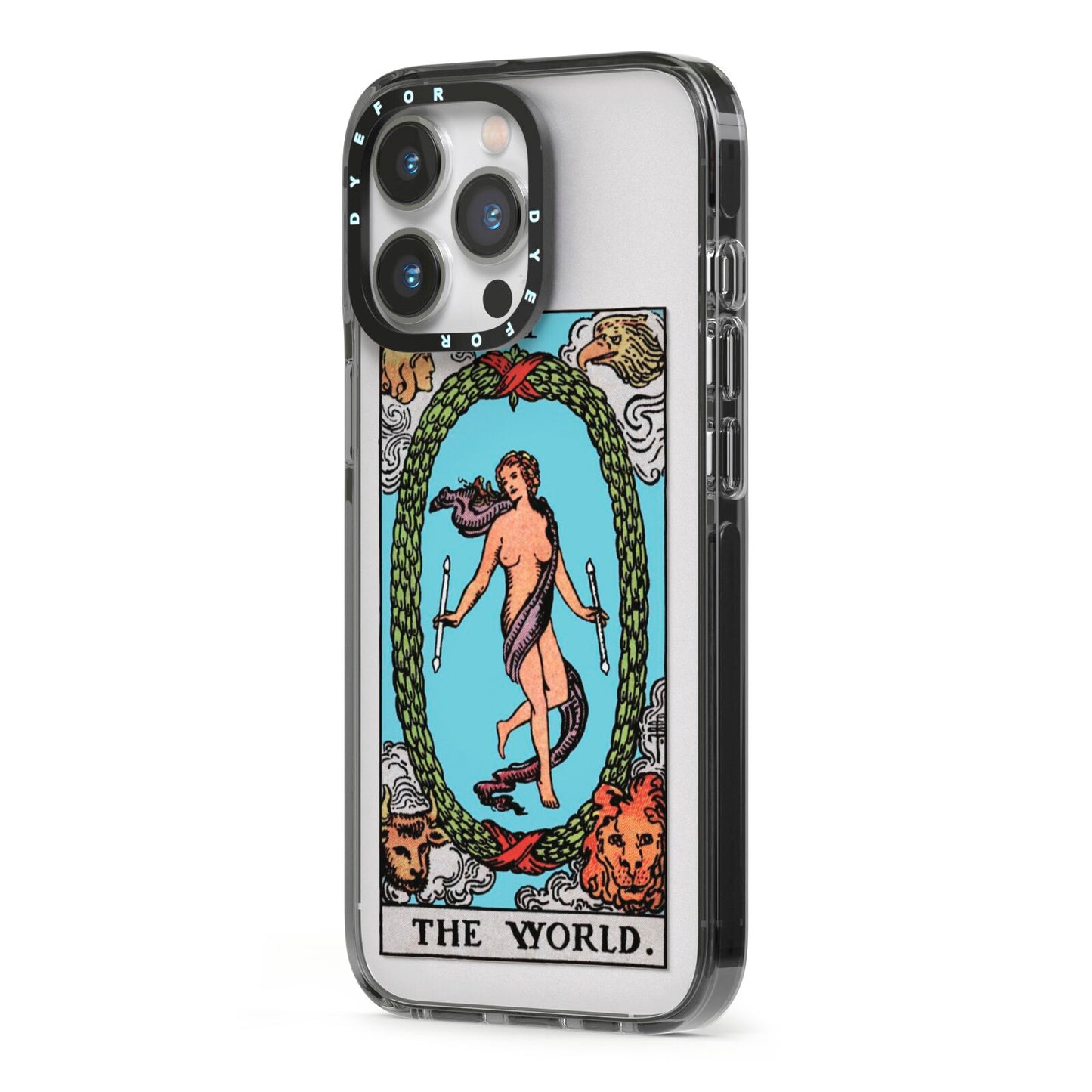 The World Tarot Card iPhone 13 Pro Black Impact Case Side Angle on Silver phone