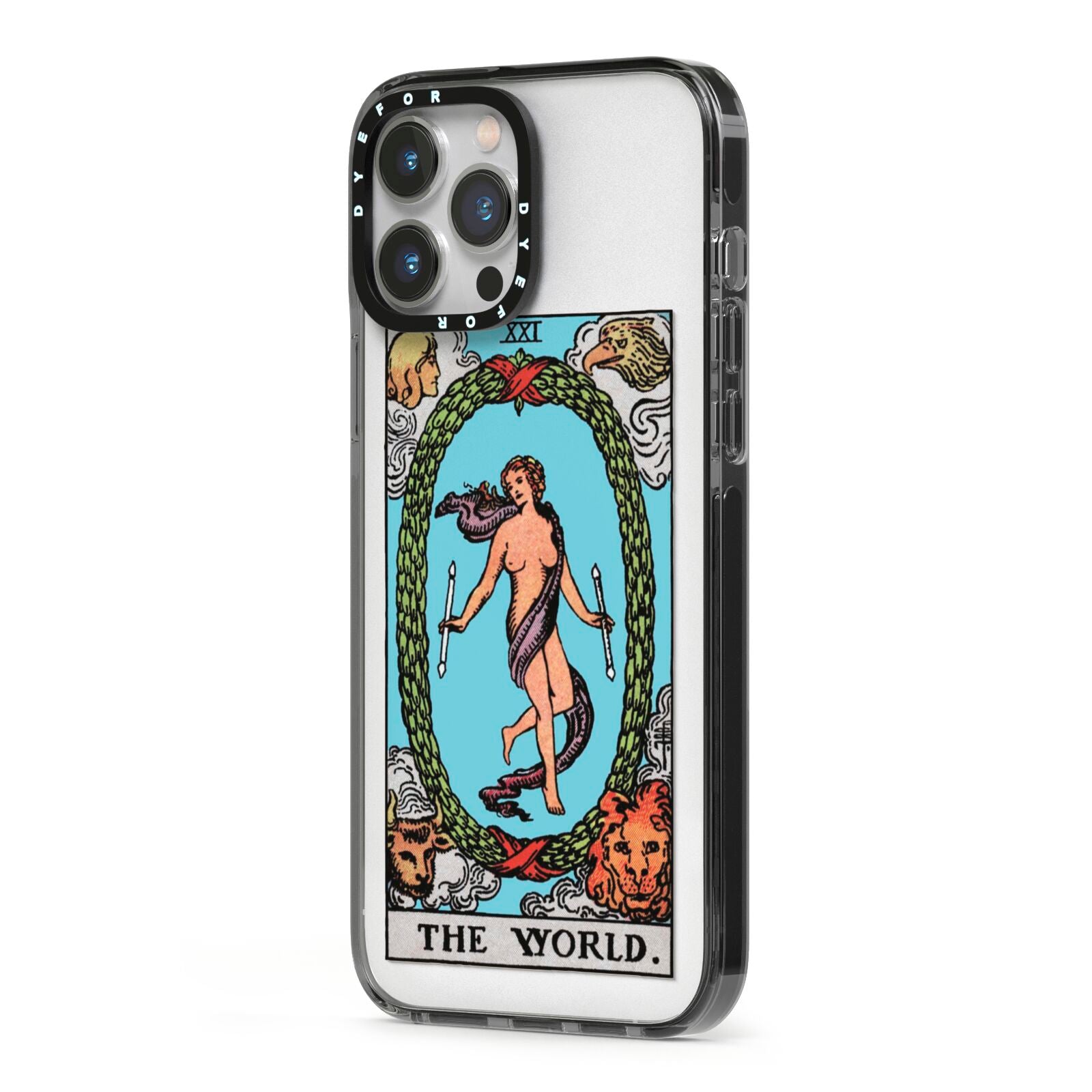 The World Tarot Card iPhone 13 Pro Max Black Impact Case Side Angle on Silver phone