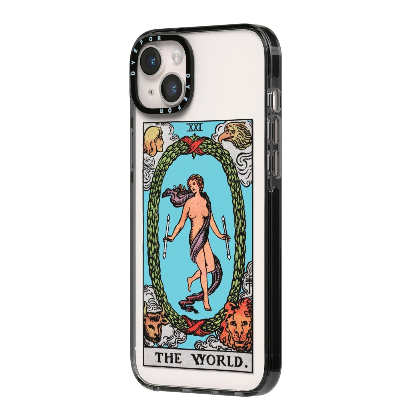 The World Tarot Card iPhone 14 Plus Black Impact Case Side Angle on Silver phone