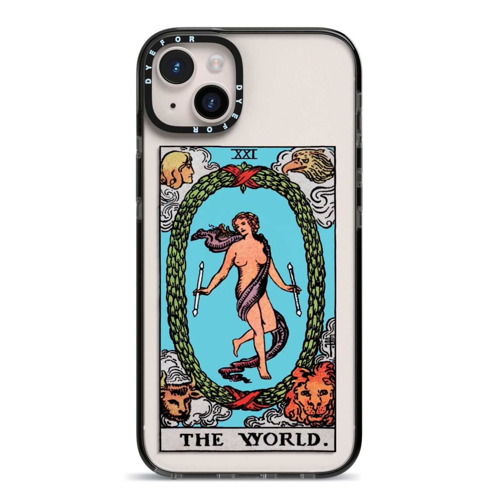The World Tarot Card iPhone 14 Plus Black Impact Case on Silver phone