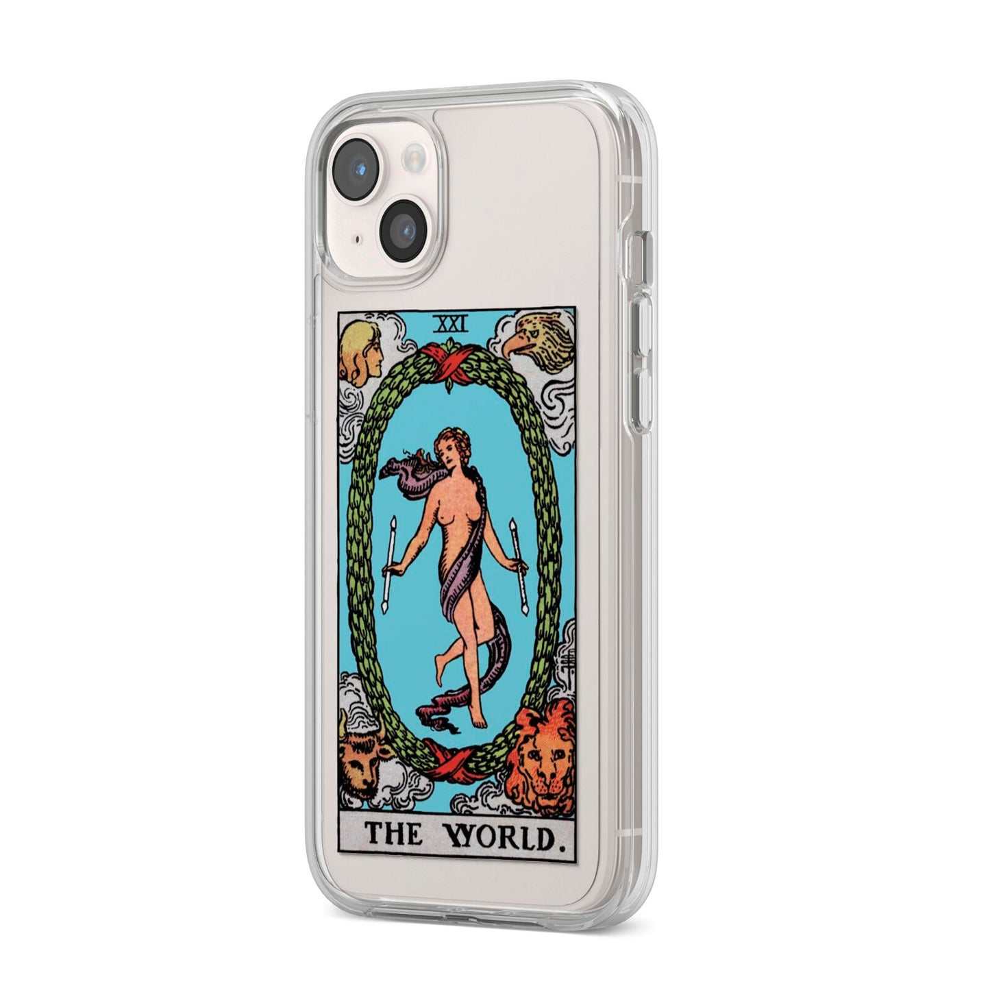 The World Tarot Card iPhone 14 Plus Clear Tough Case Starlight Angled Image
