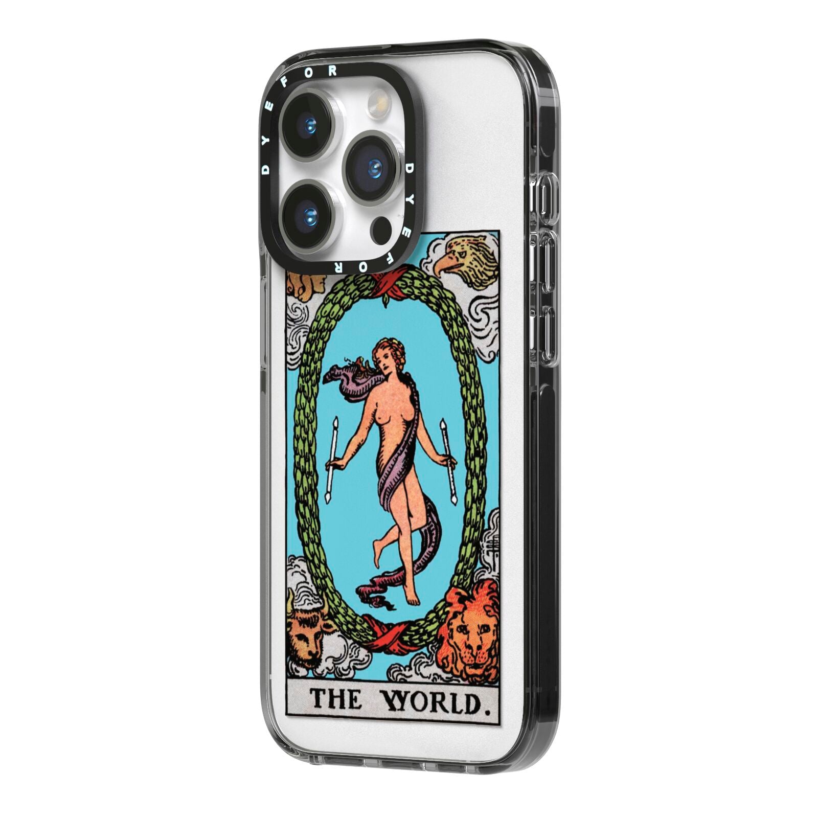 The World Tarot Card iPhone 14 Pro Black Impact Case Side Angle on Silver phone