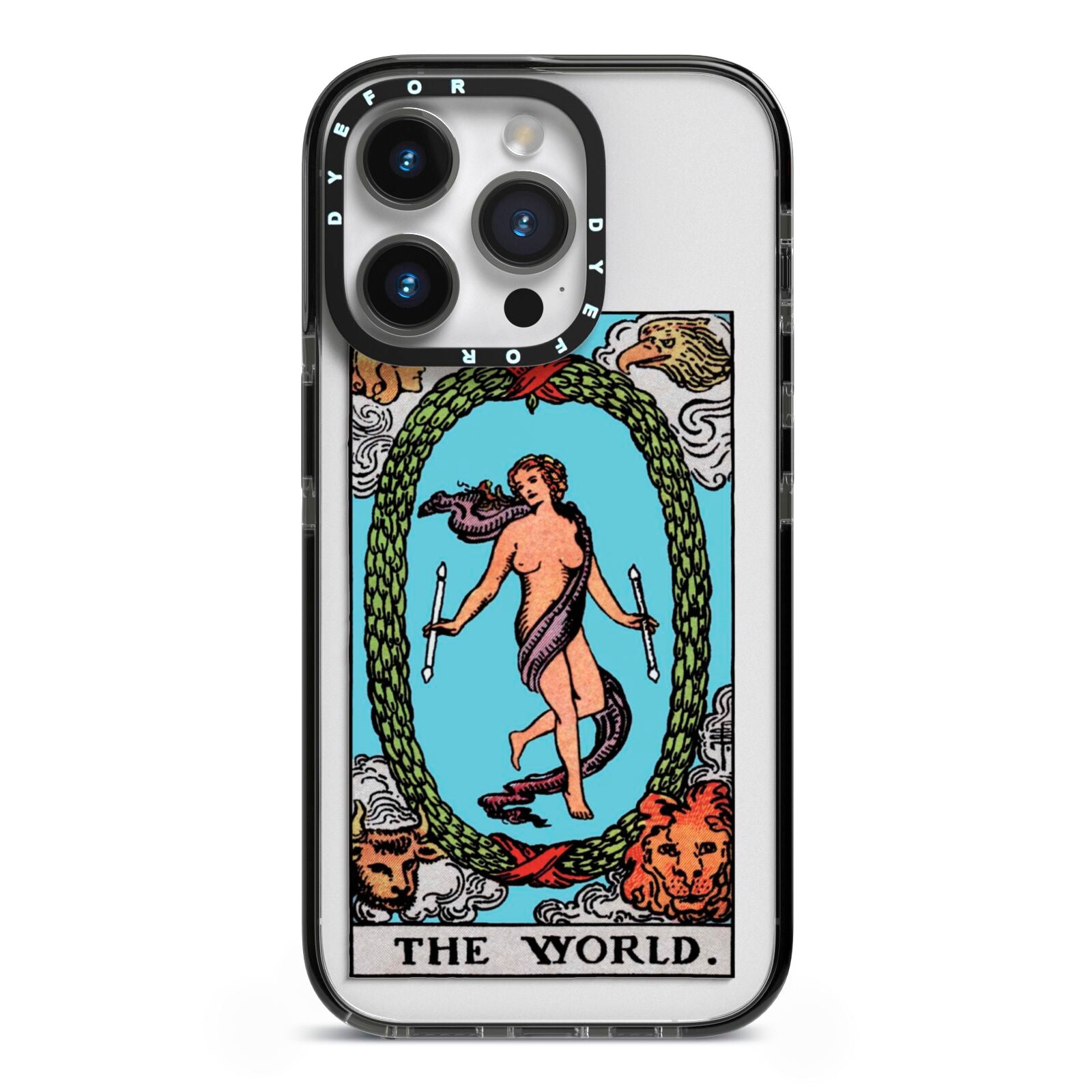 The World Tarot Card iPhone 14 Pro Black Impact Case on Silver phone