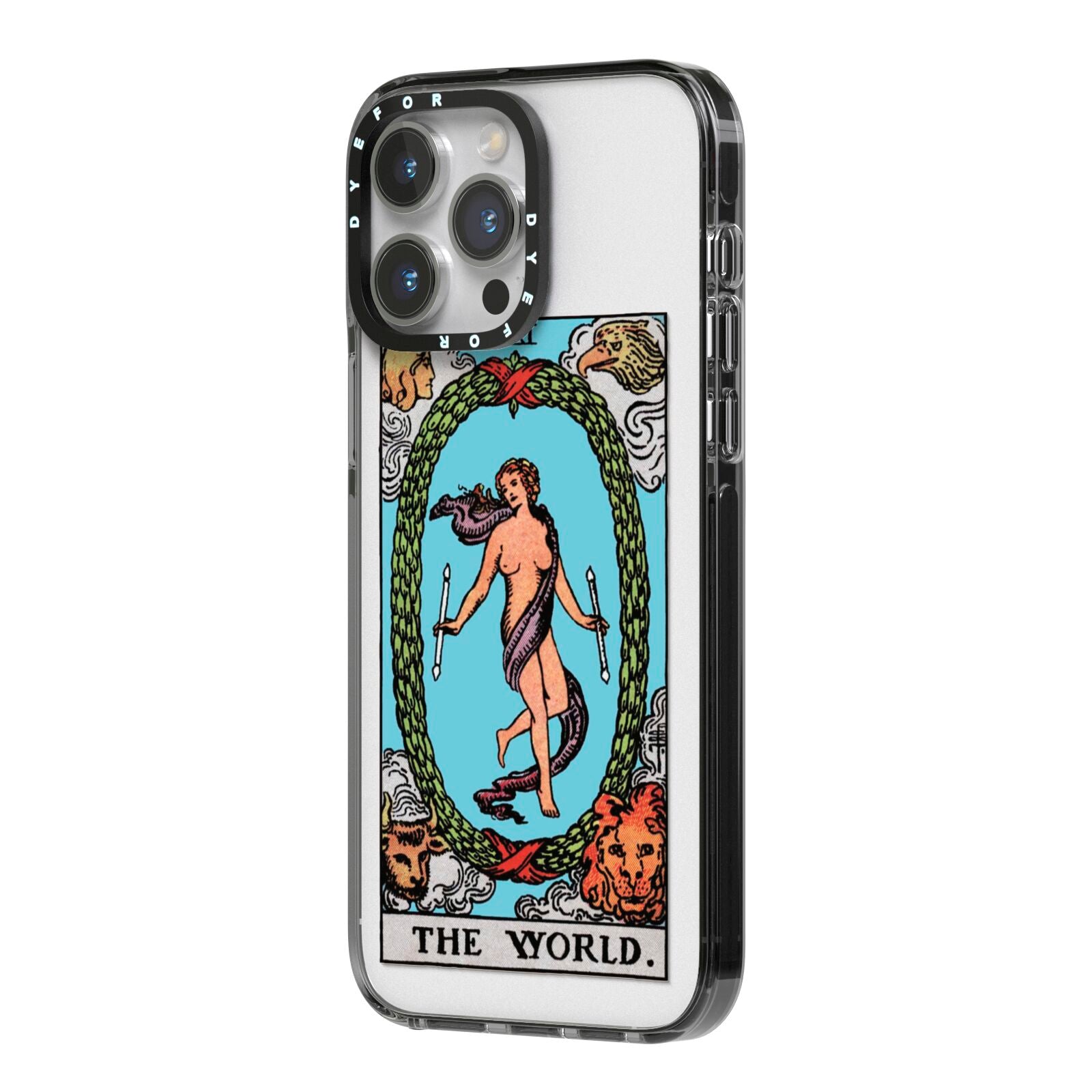 The World Tarot Card iPhone 14 Pro Max Black Impact Case Side Angle on Silver phone