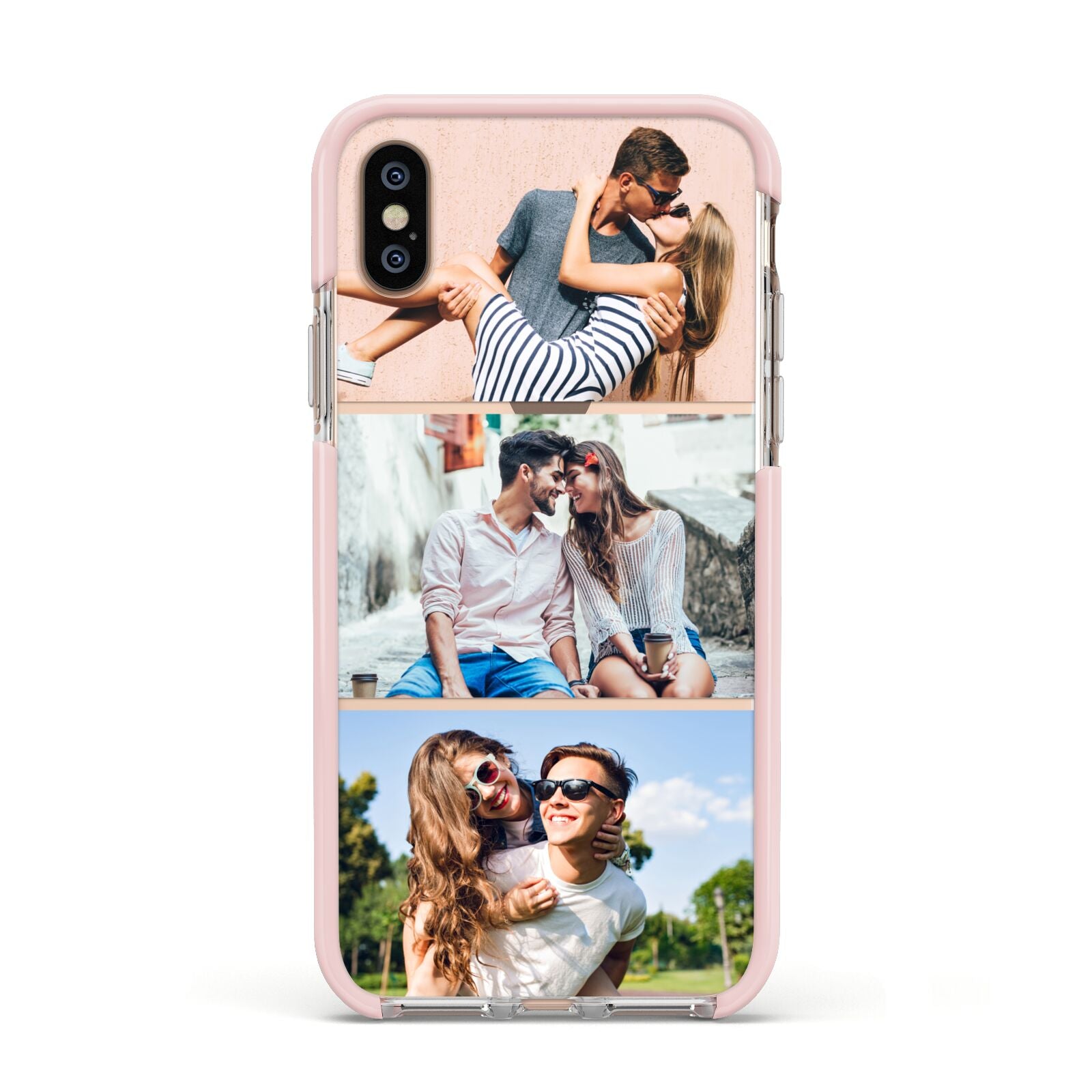 Three Photo Collage Apple iPhone Xs Impact Case Pink Edge on Gold Phone