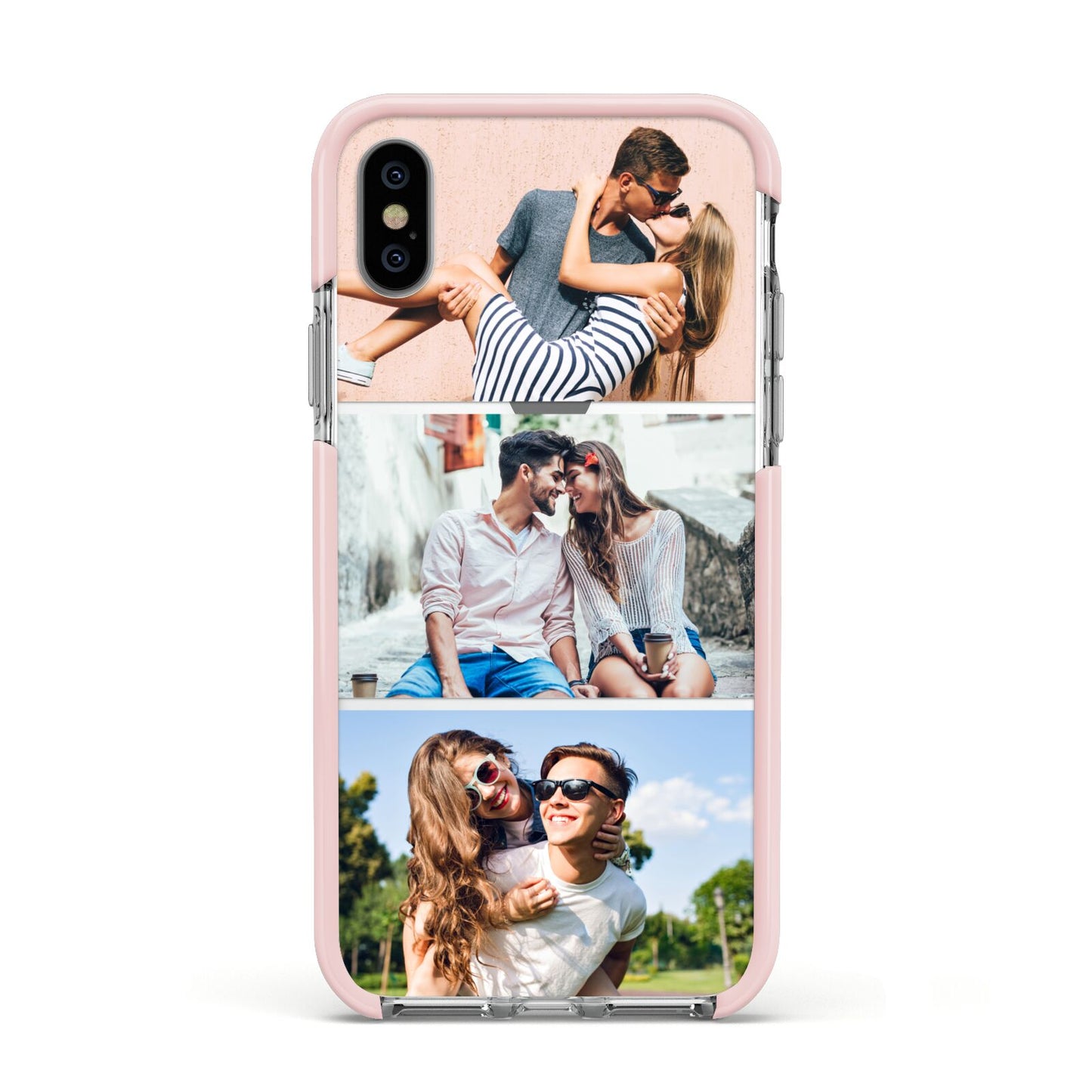 Three Photo Collage Apple iPhone Xs Impact Case Pink Edge on Silver Phone