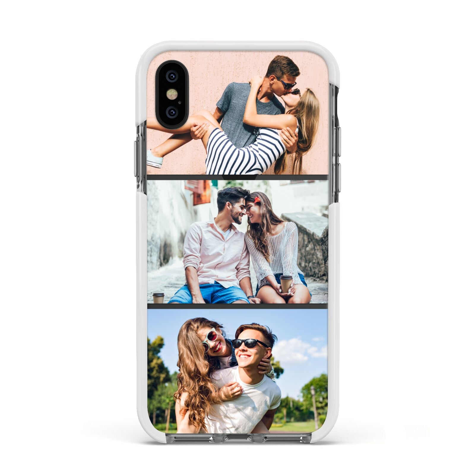 Three Photo Collage Apple iPhone Xs Impact Case White Edge on Black Phone