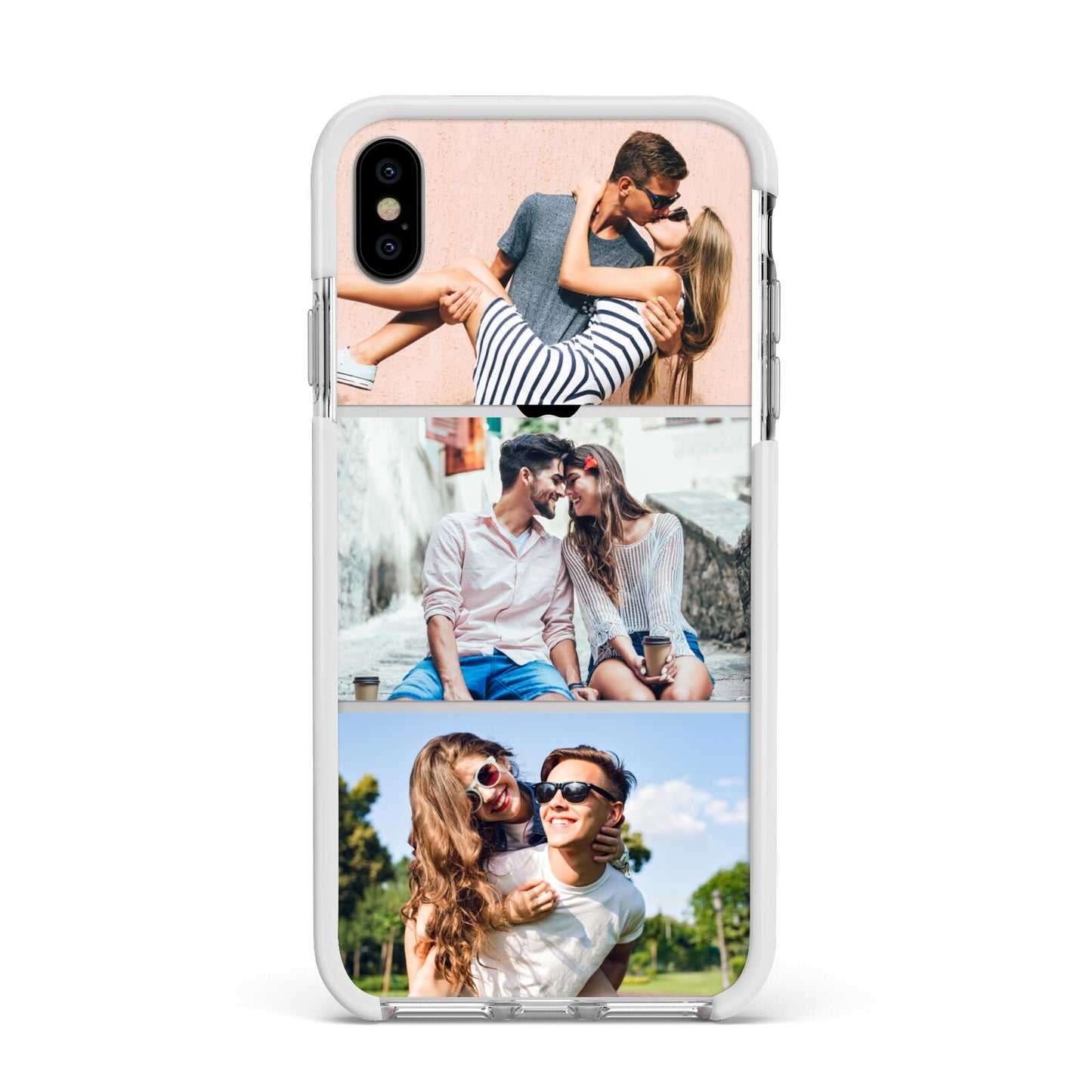 Three Photo Collage Apple iPhone Xs Max Impact Case White Edge on Silver Phone
