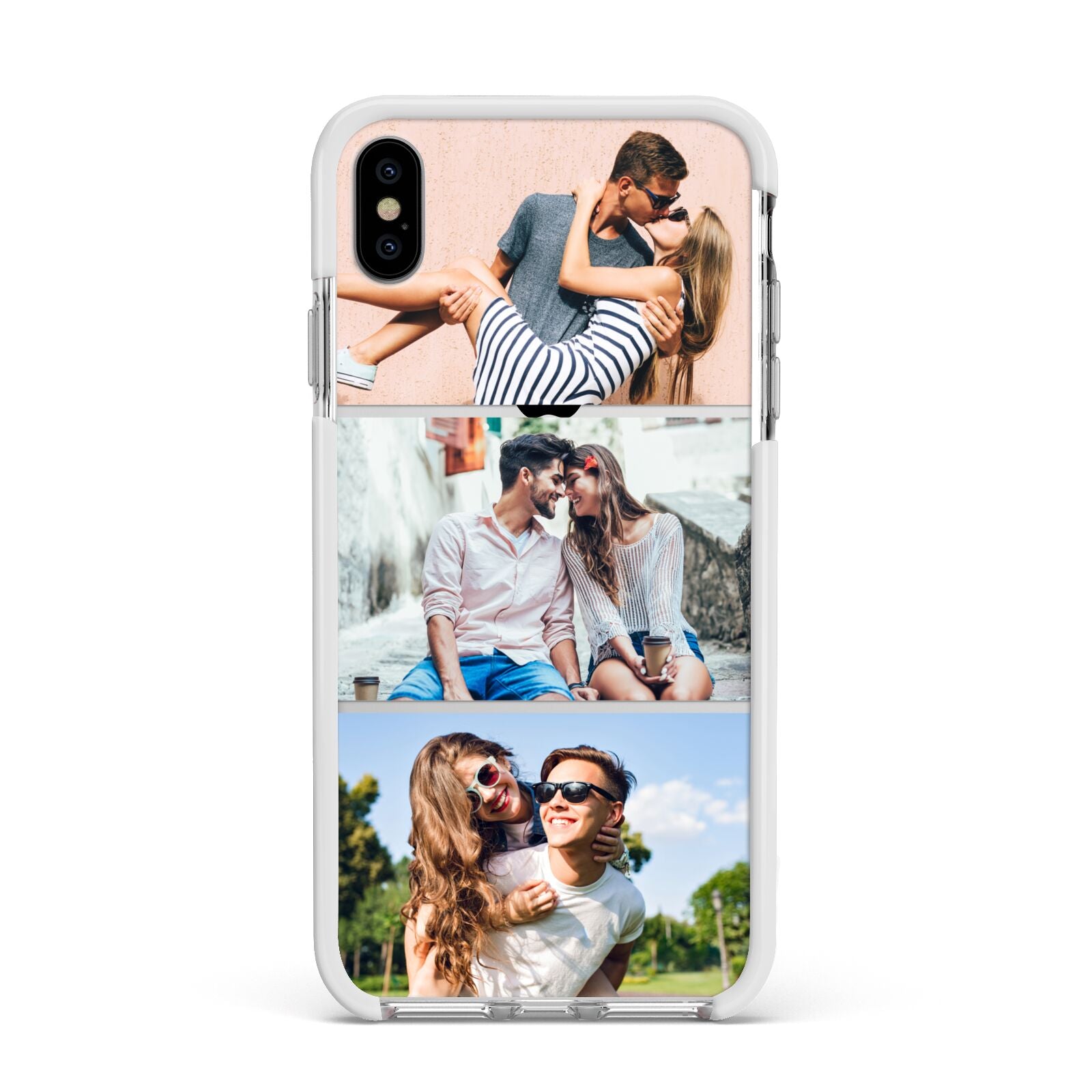 Three Photo Collage Apple iPhone Xs Max Impact Case White Edge on Silver Phone