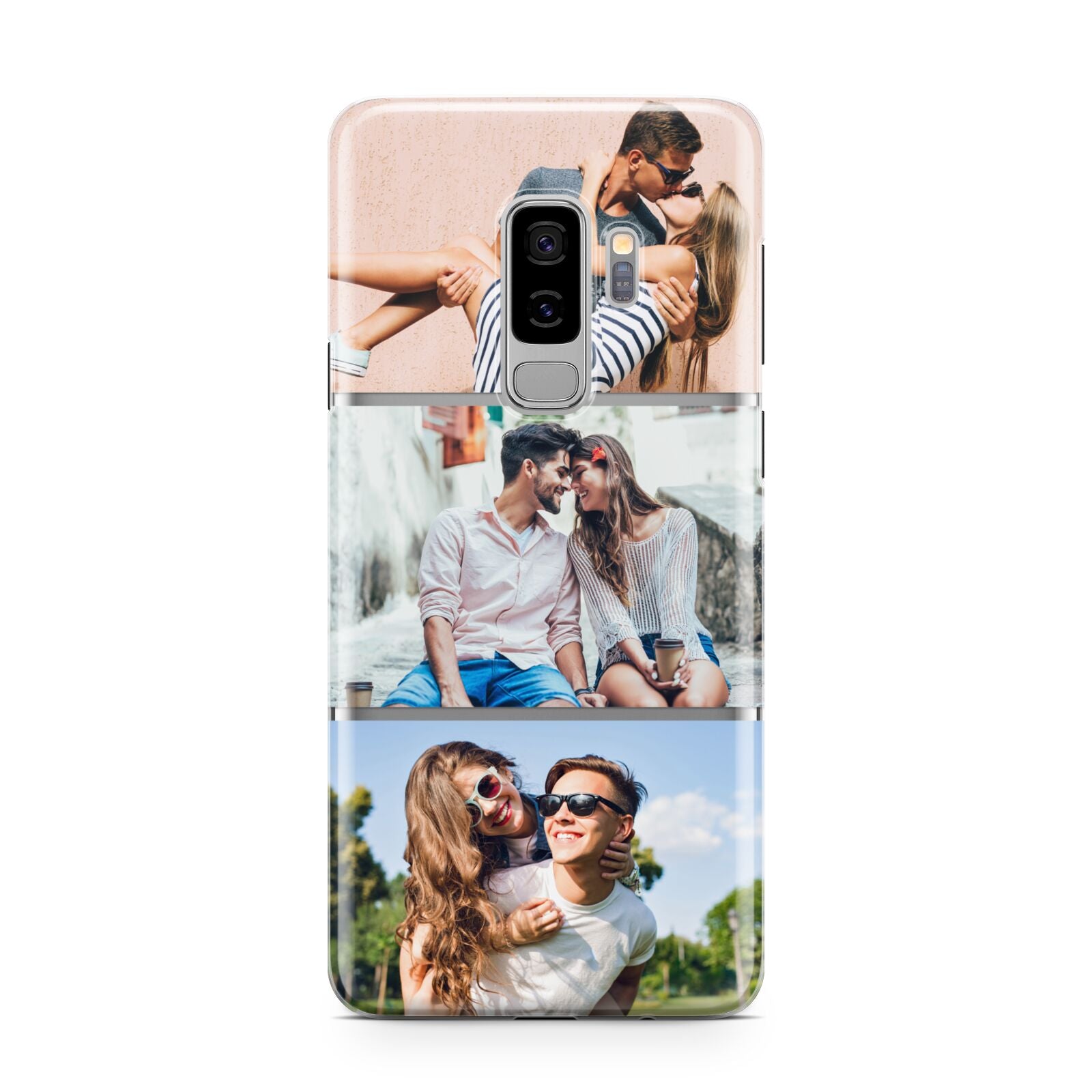 Three Photo Collage Samsung Galaxy S9 Plus Case on Silver phone