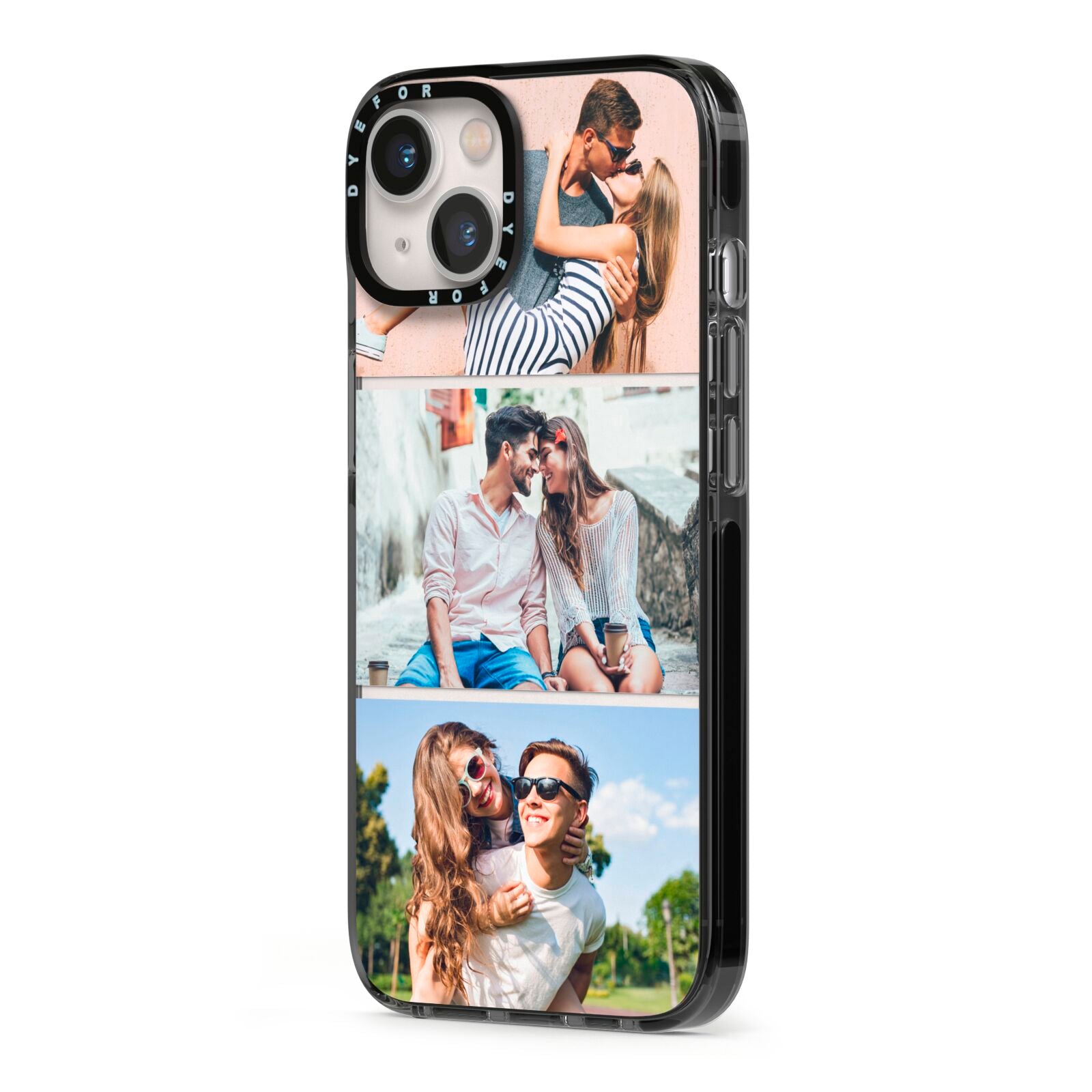 Three Photo Collage iPhone 13 Black Impact Case Side Angle on Silver phone