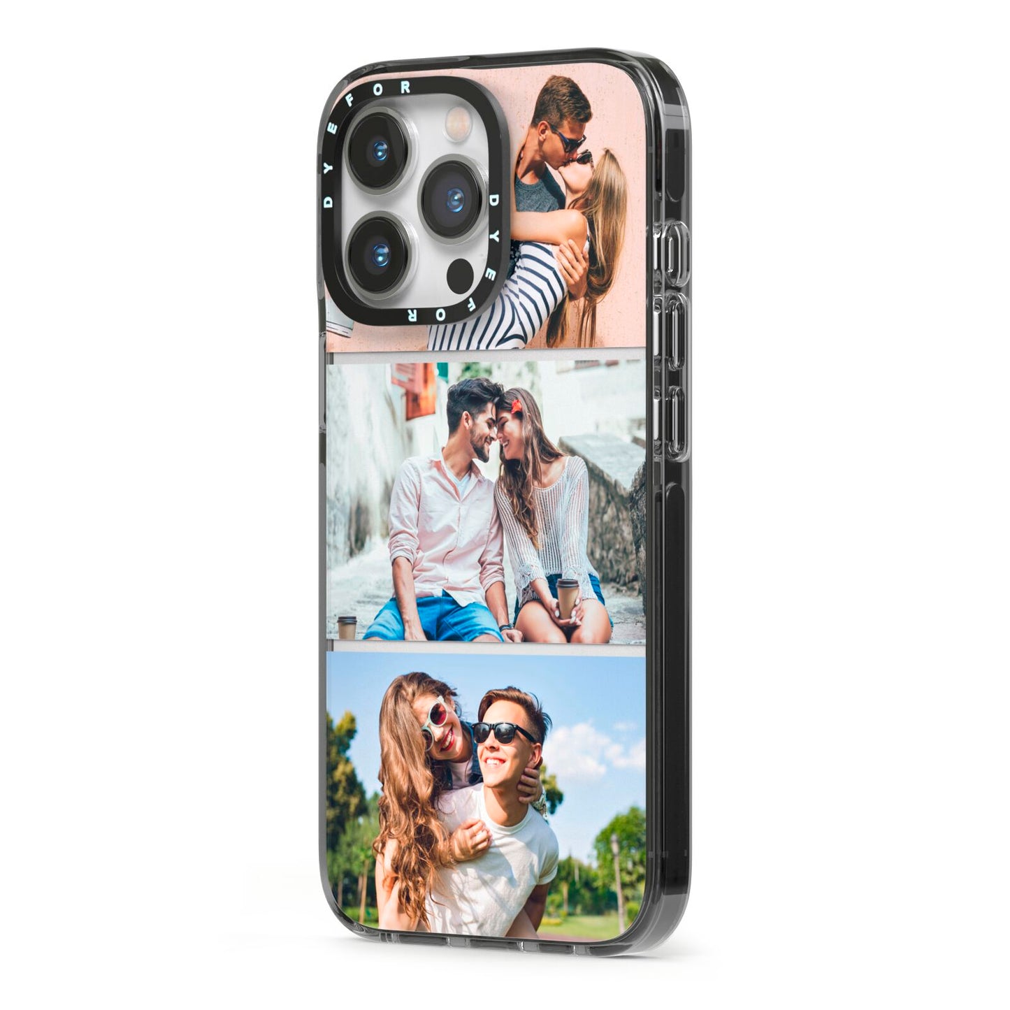 Three Photo Collage iPhone 13 Pro Black Impact Case Side Angle on Silver phone