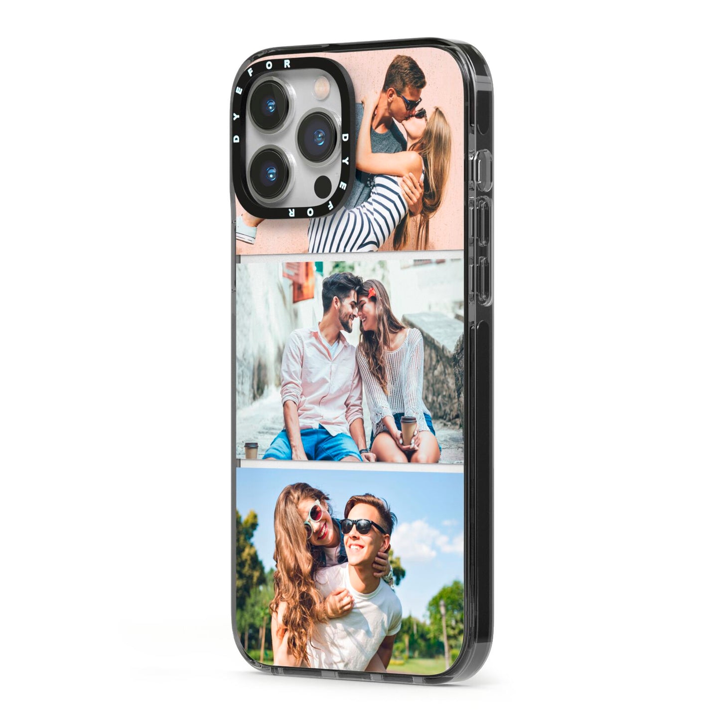 Three Photo Collage iPhone 13 Pro Max Black Impact Case Side Angle on Silver phone