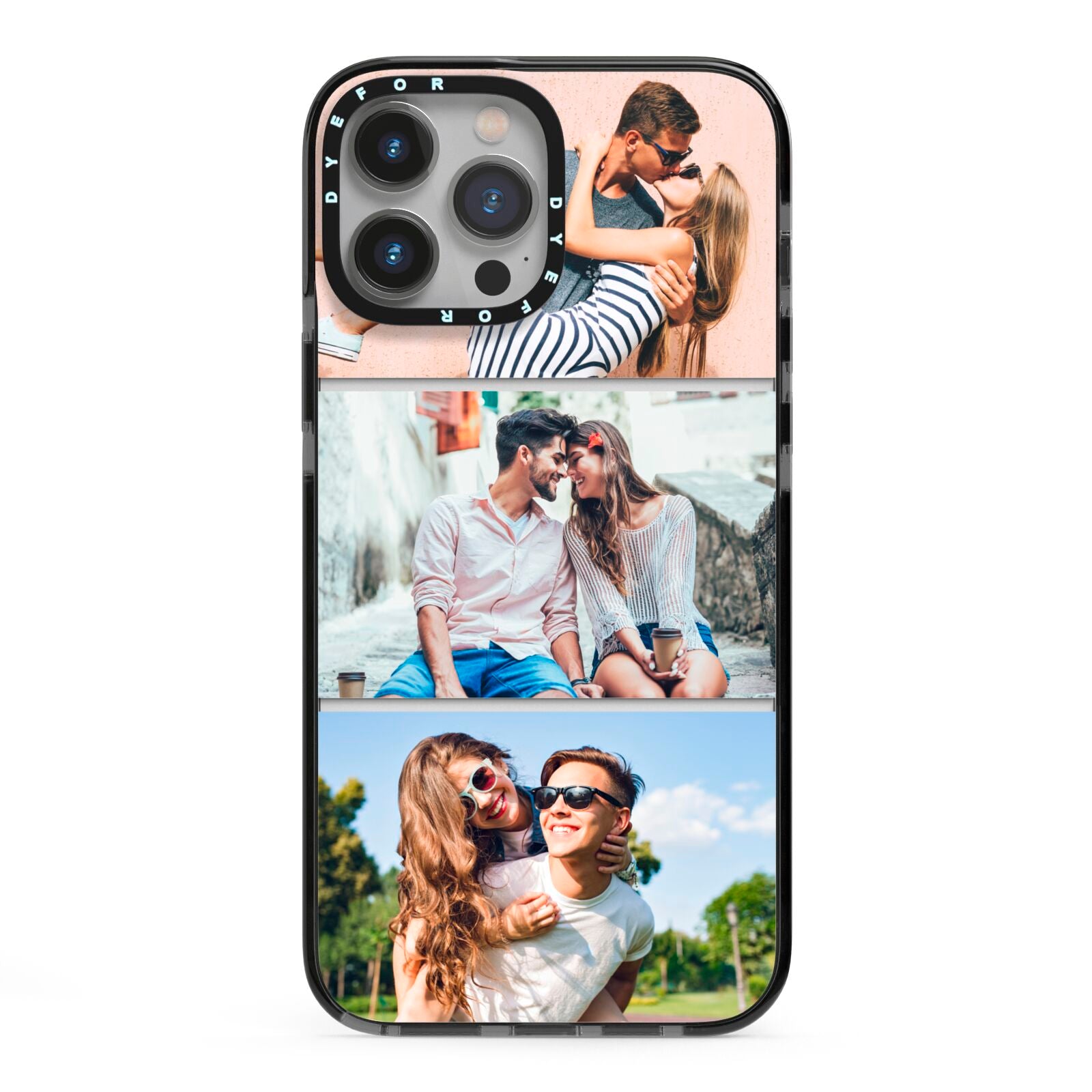 Three Photo Collage iPhone 13 Pro Max Black Impact Case on Silver phone
