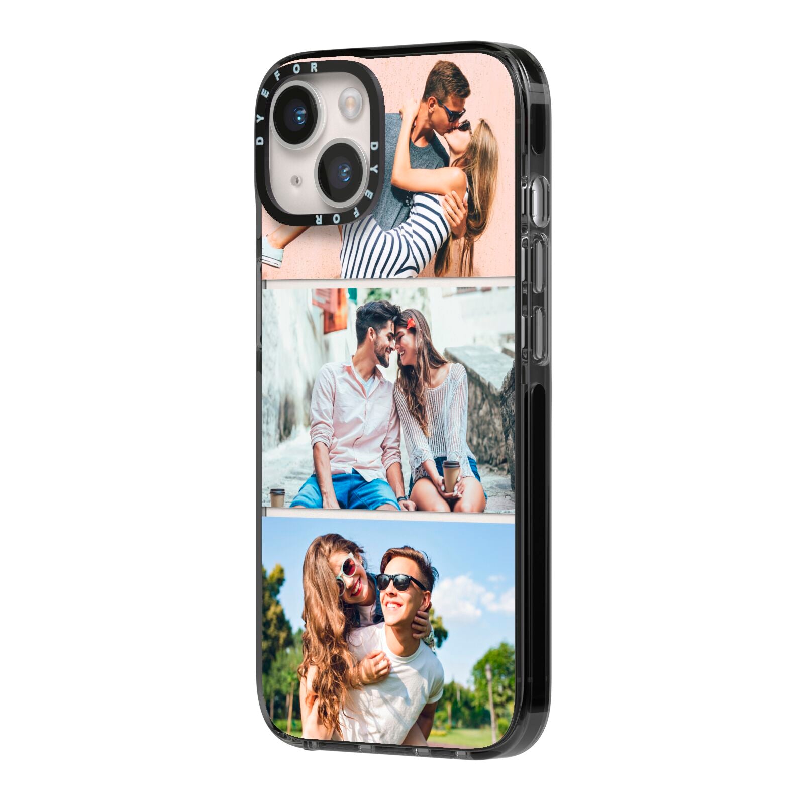 Three Photo Collage iPhone 14 Black Impact Case Side Angle on Silver phone