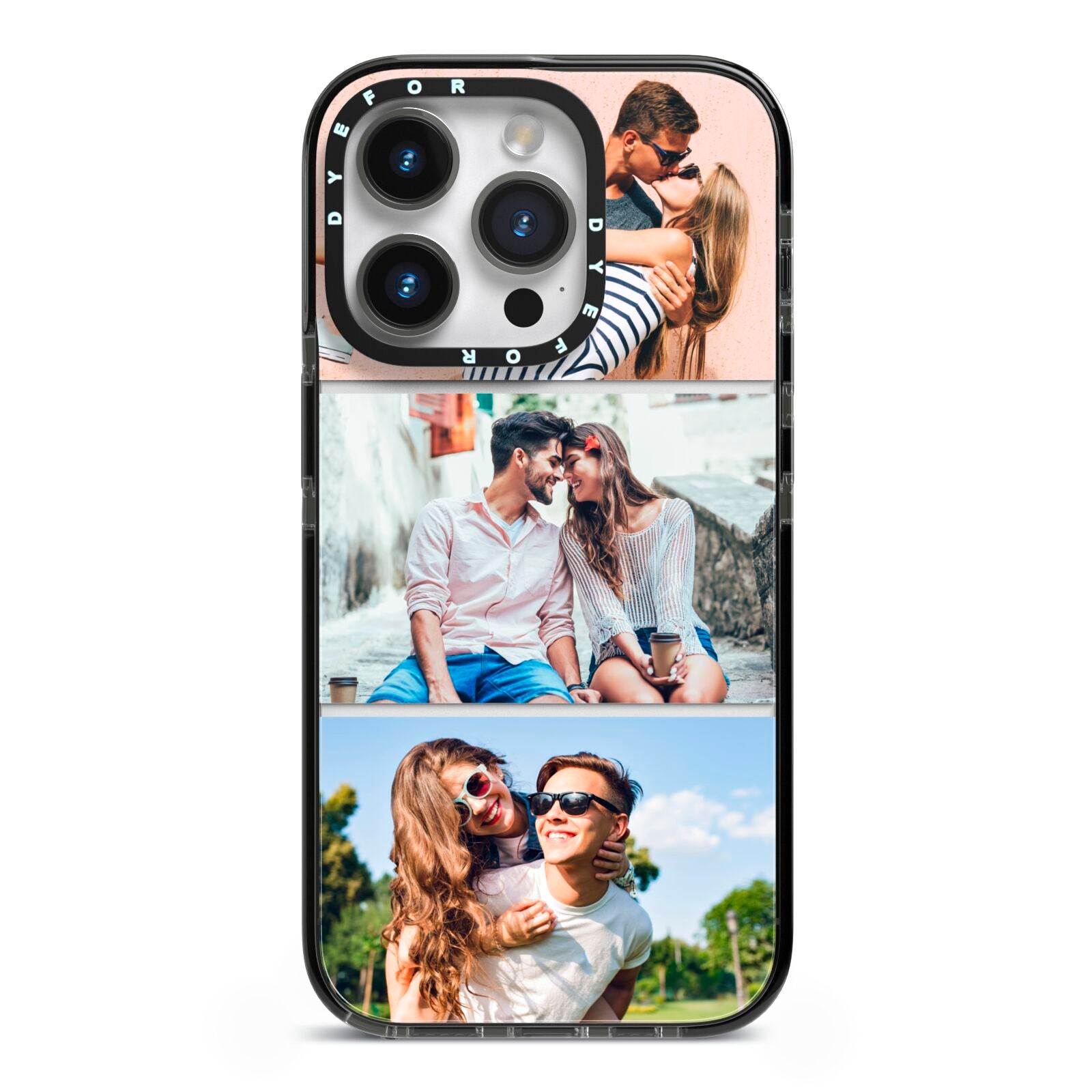 Three Photo Collage iPhone 14 Pro Black Impact Case on Silver phone