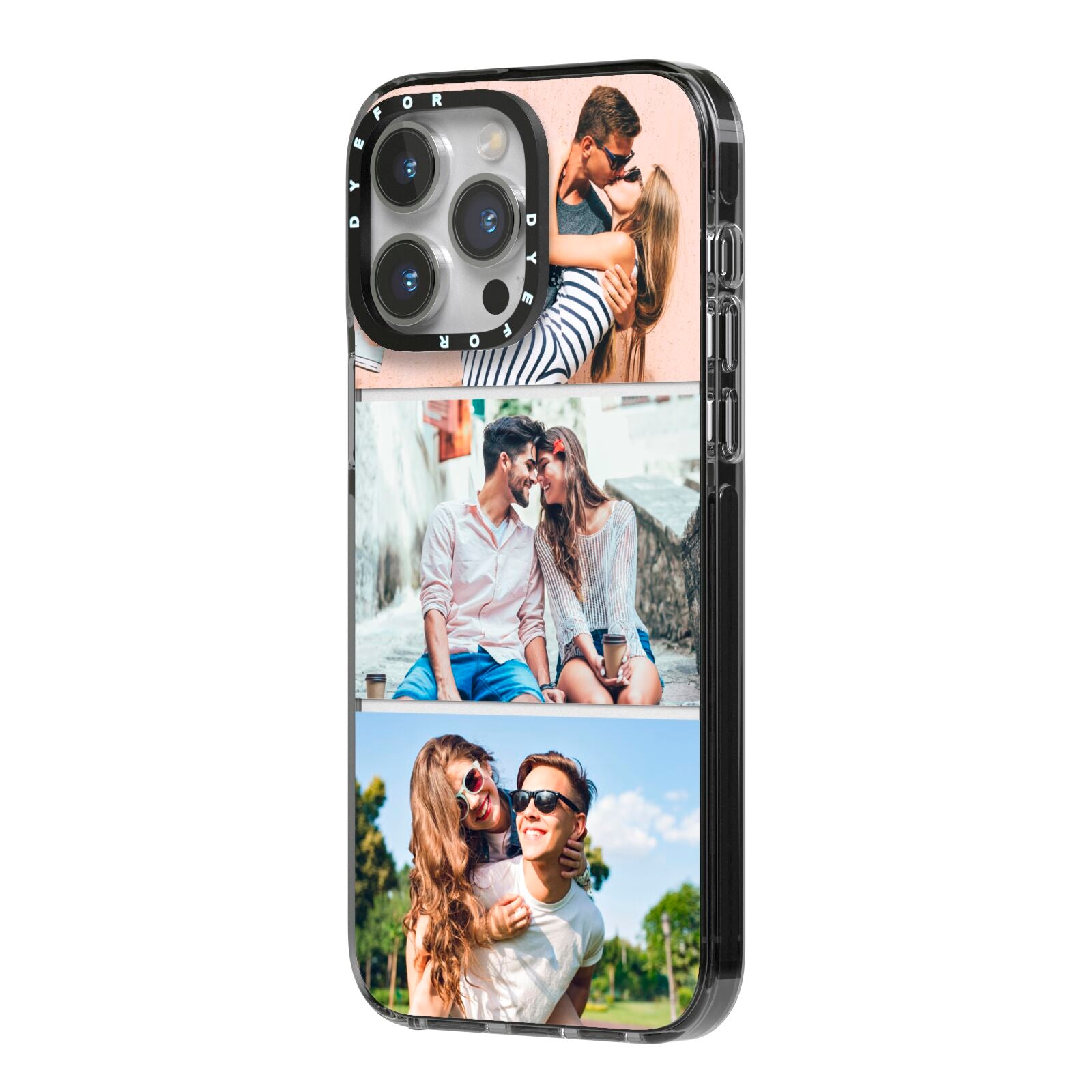 Three Photo Collage iPhone 14 Pro Max Black Impact Case Side Angle on Silver phone