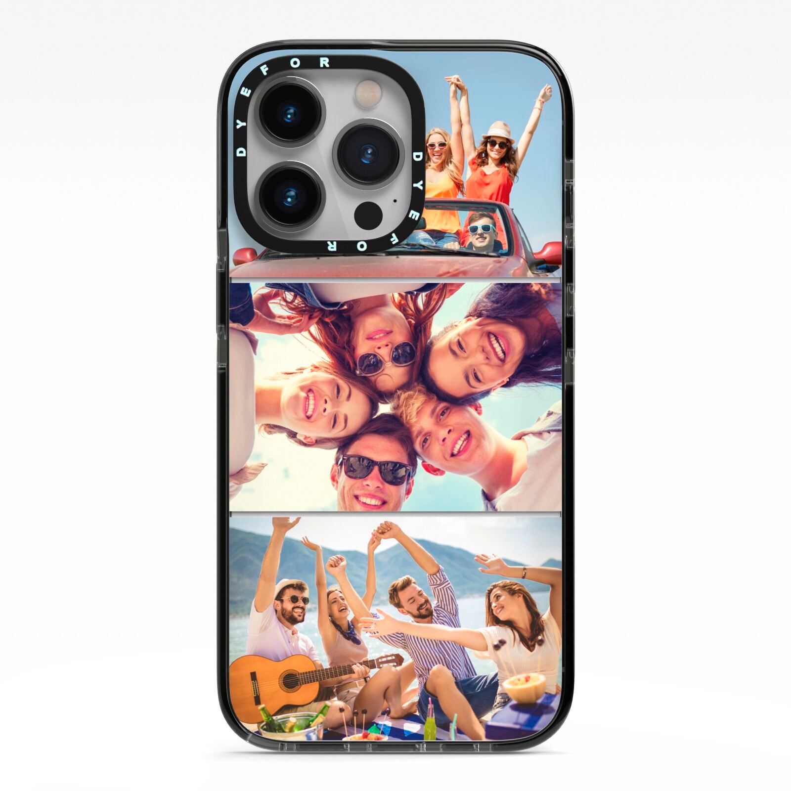 Three Photo iPhone 13 Pro Black Impact Case on Silver phone