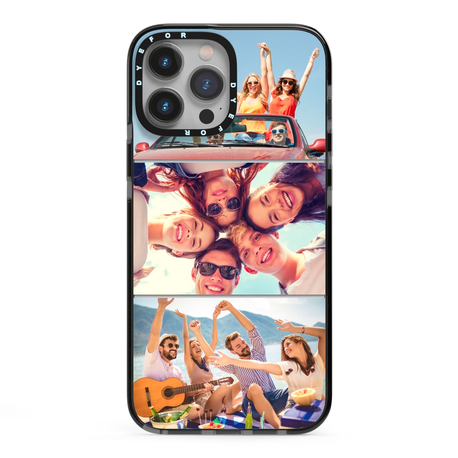 Three Photo iPhone 13 Pro Max Black Impact Case on Silver phone