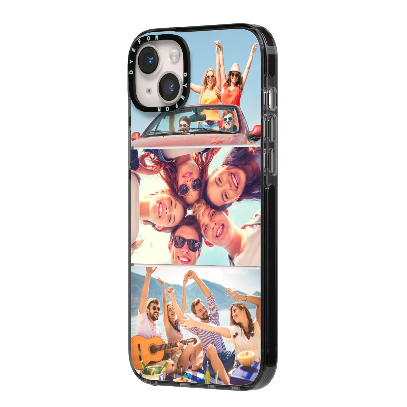 Three Photo iPhone 14 Plus Black Impact Case Side Angle on Silver phone
