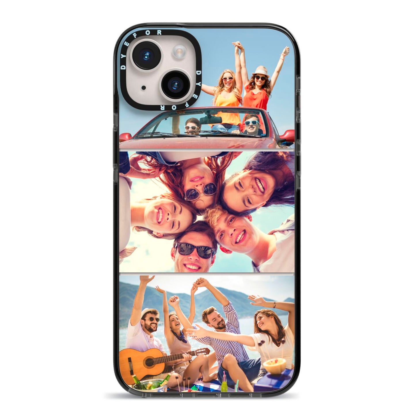 Three Photo iPhone 14 Plus Black Impact Case on Silver phone