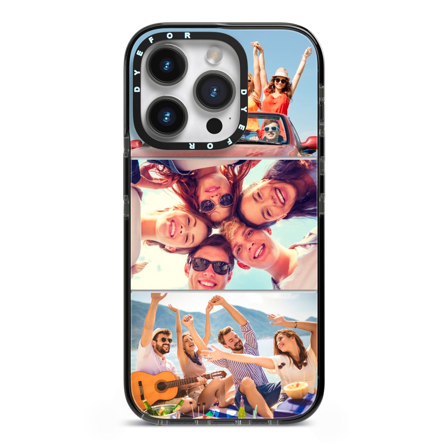 Three Photo iPhone 14 Pro Black Impact Case on Silver phone