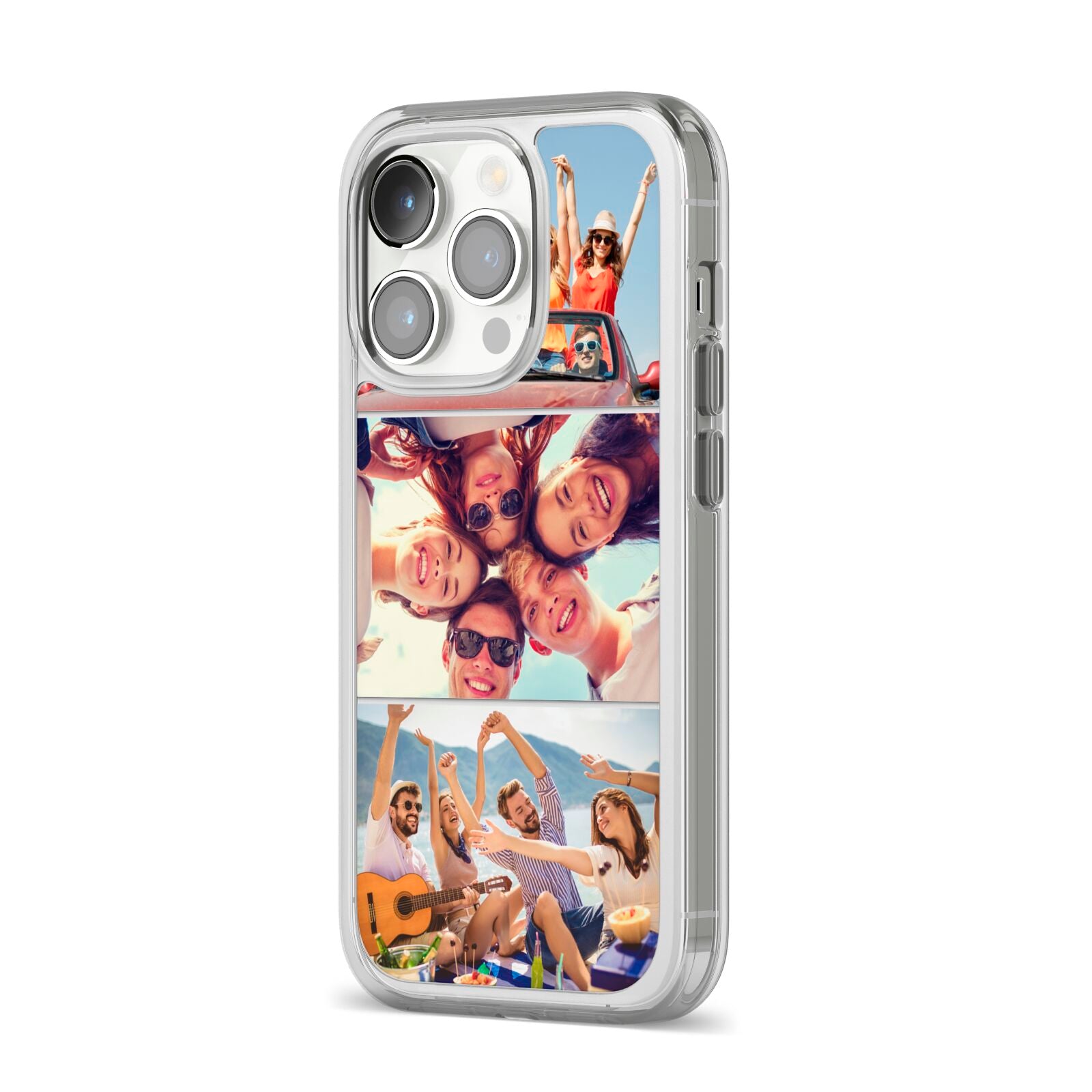 Three Photo iPhone 14 Pro Clear Tough Case Silver Angled Image