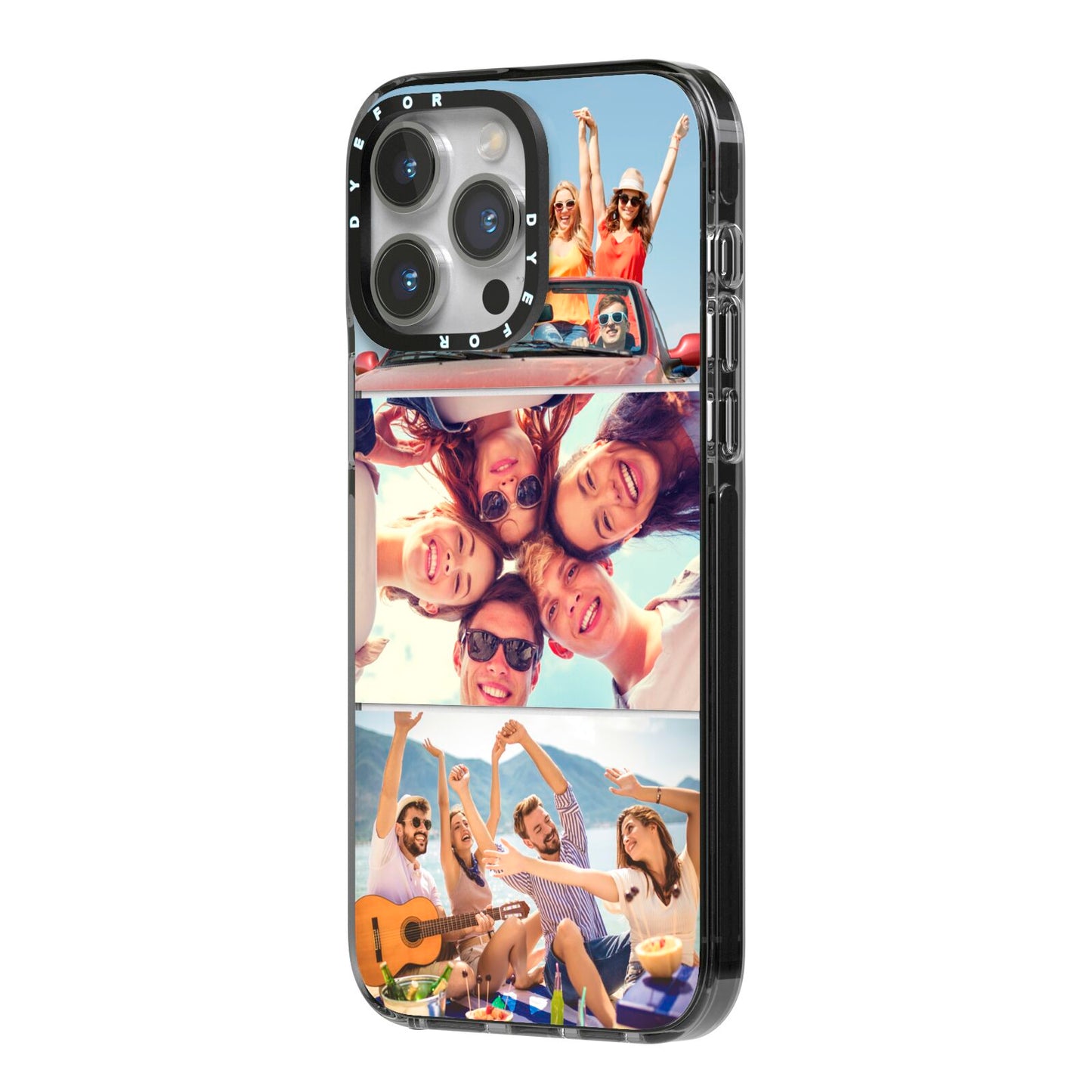 Three Photo iPhone 14 Pro Max Black Impact Case Side Angle on Silver phone
