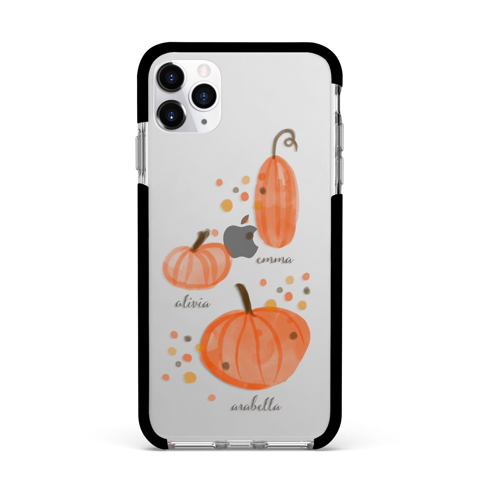 Three Pumpkins Personalised Apple iPhone 11 Pro Max in Silver with Black Impact Case