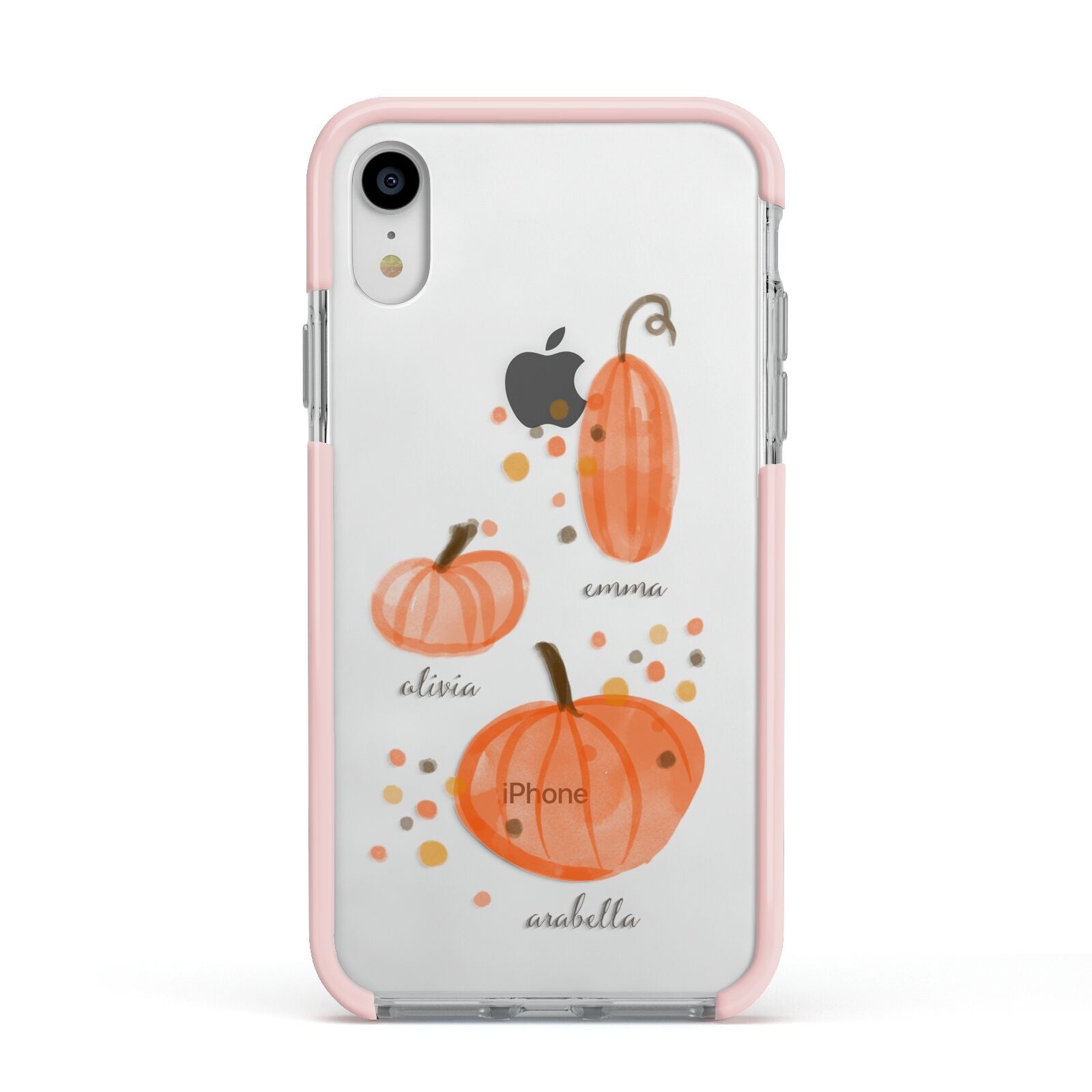 Three Pumpkins Personalised Apple iPhone XR Impact Case Pink Edge on Silver Phone