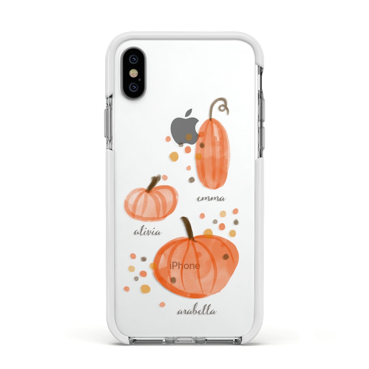 Three Pumpkins Personalised Apple iPhone Xs Impact Case White Edge on Silver Phone