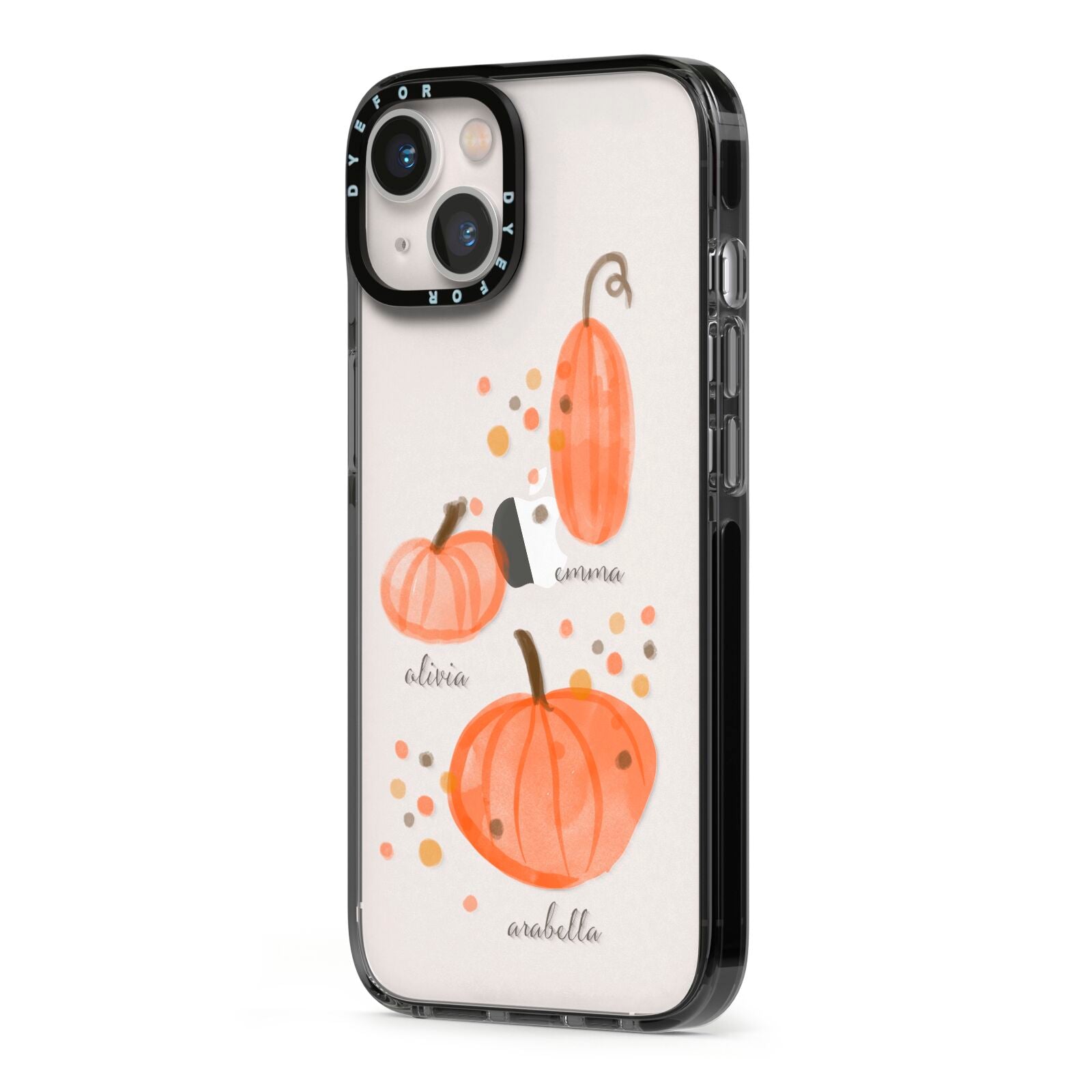 Three Pumpkins Personalised iPhone 13 Black Impact Case Side Angle on Silver phone