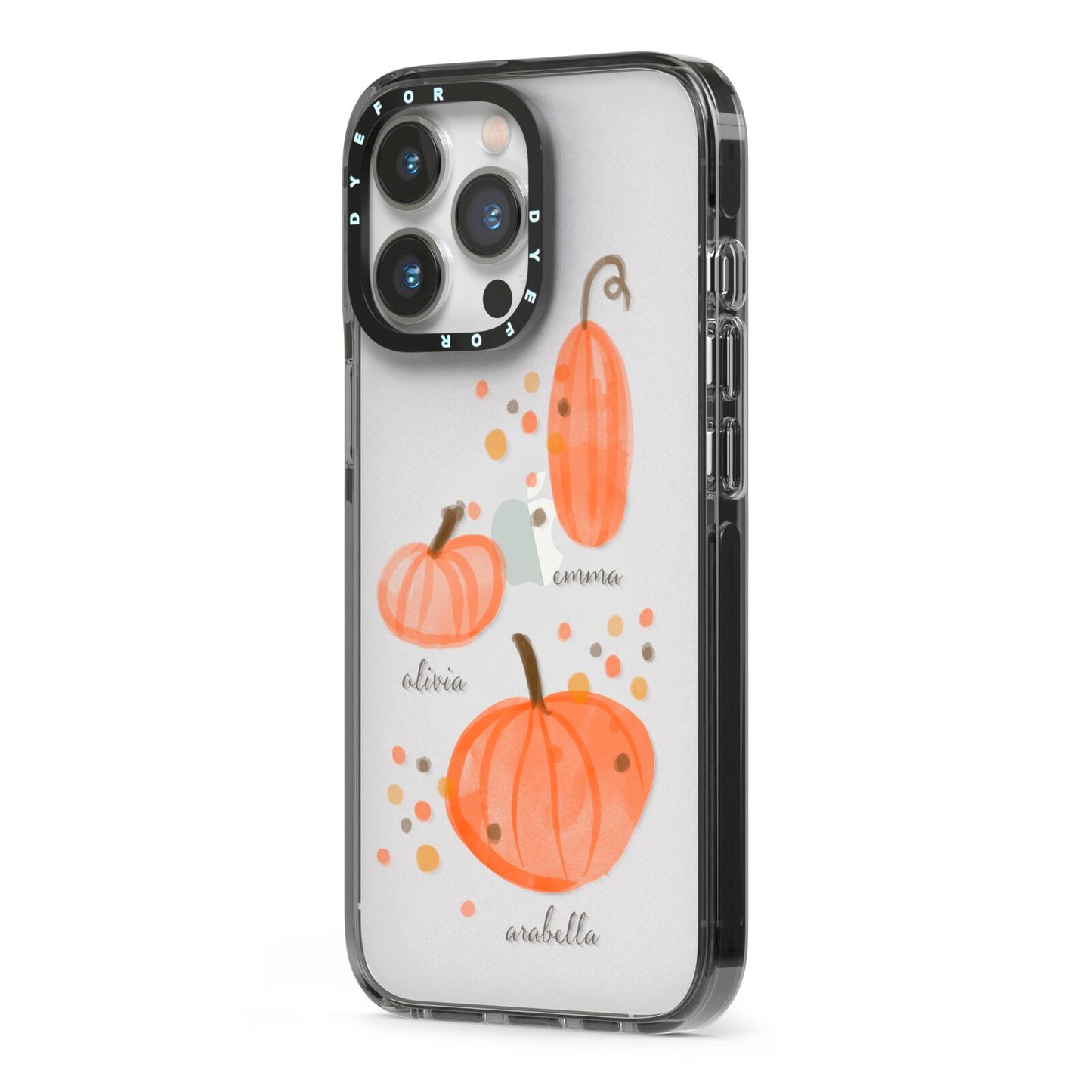 Three Pumpkins Personalised iPhone 13 Pro Black Impact Case Side Angle on Silver phone