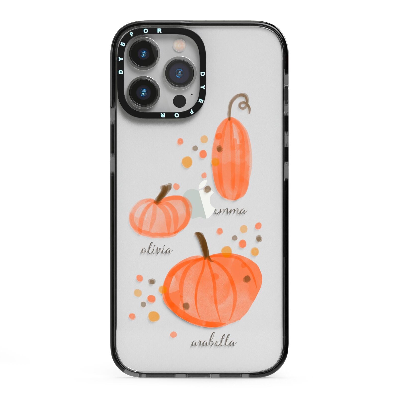 Three Pumpkins Personalised iPhone 13 Pro Max Black Impact Case on Silver phone
