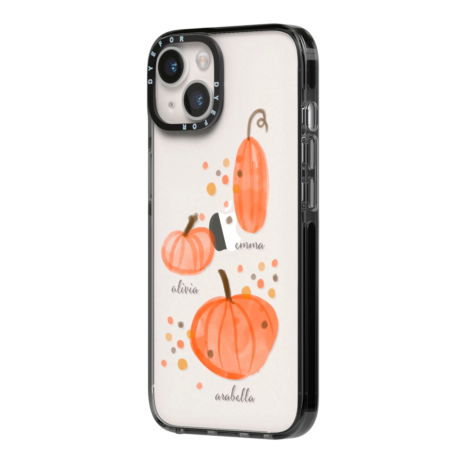 Three Pumpkins Personalised iPhone 14 Black Impact Case Side Angle on Silver phone