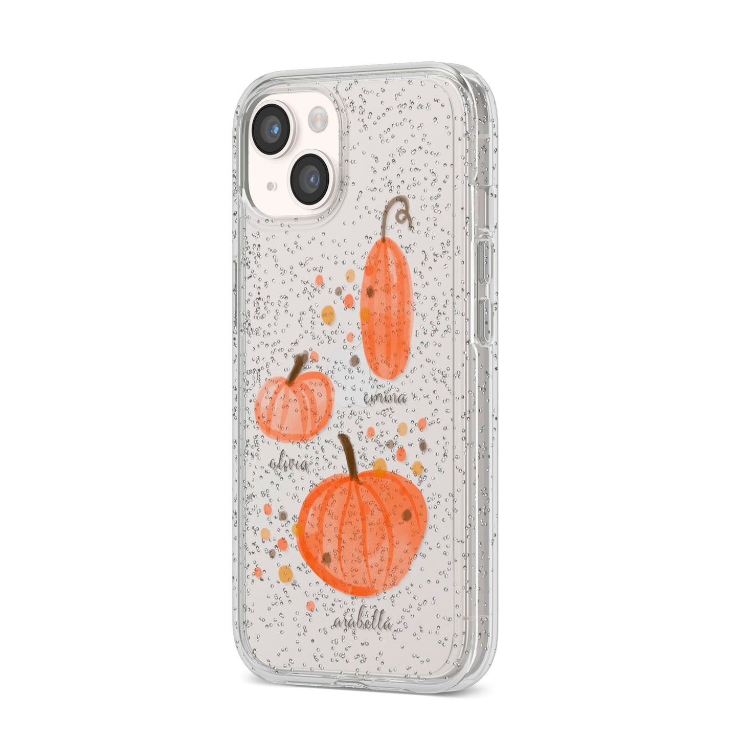 Three Pumpkins Personalised iPhone 14 Glitter Tough Case Starlight Angled Image